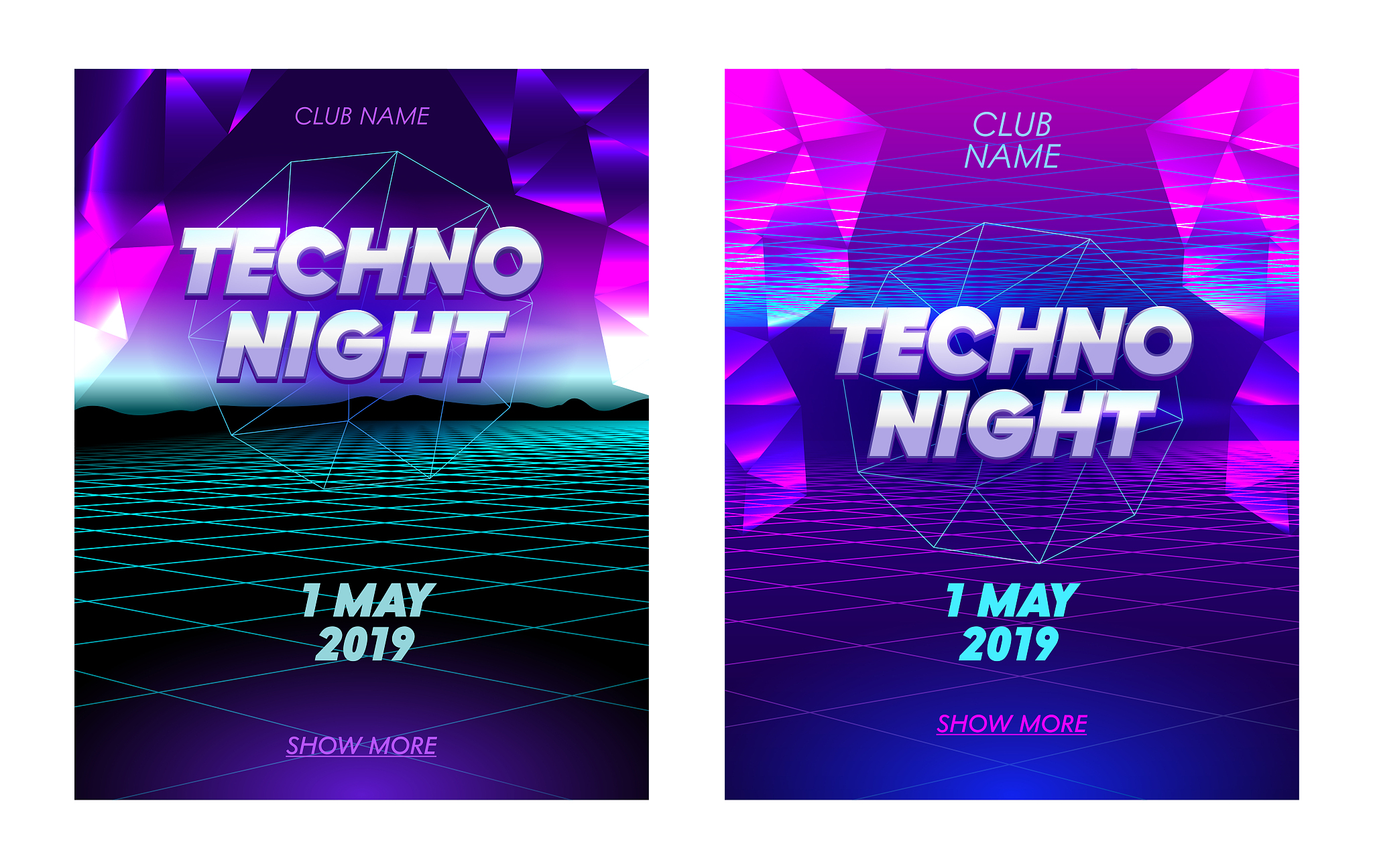 techno night banners set with typography, synthwave neon grid fu