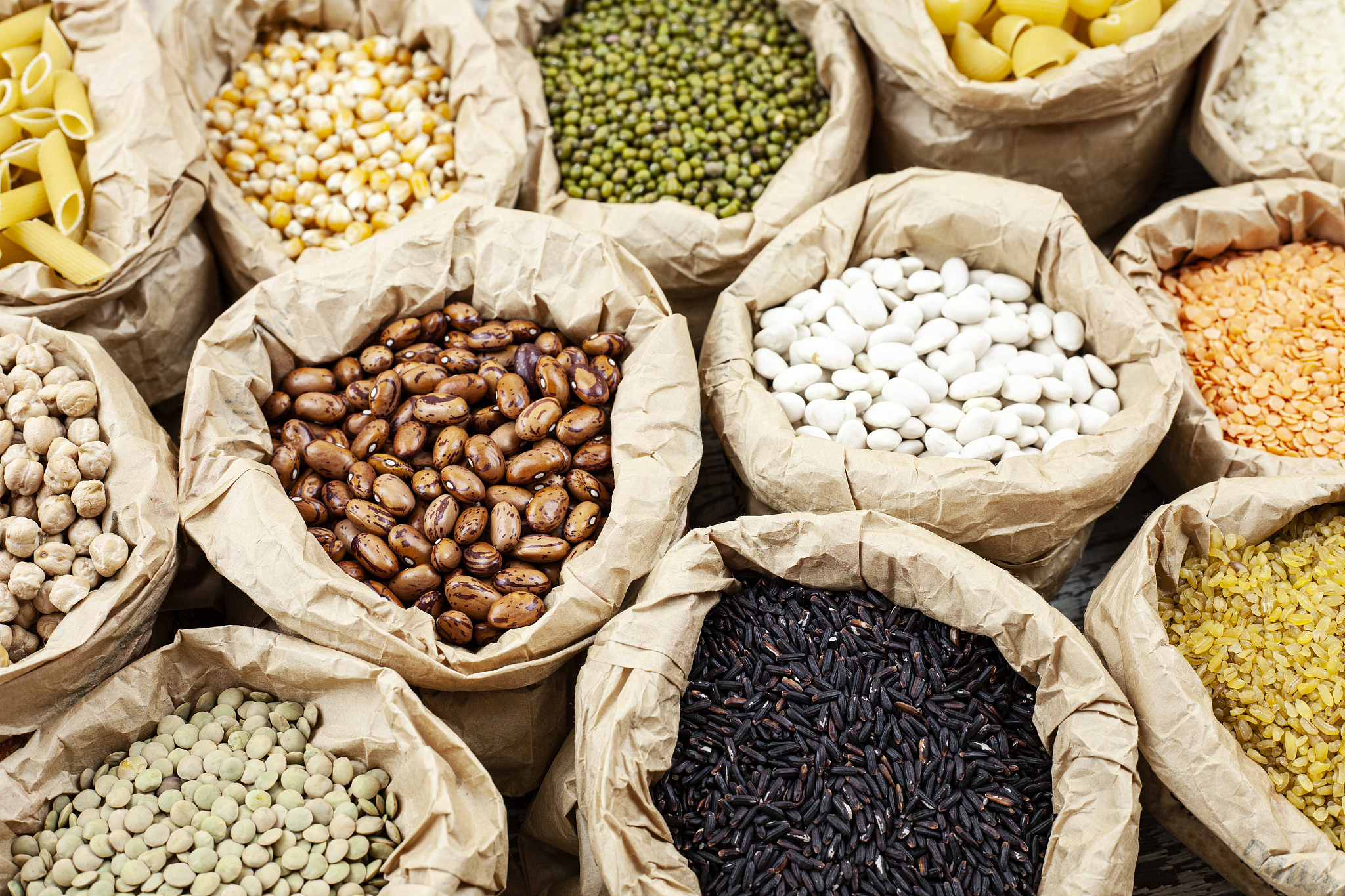 legumes bean seed in sack, top view