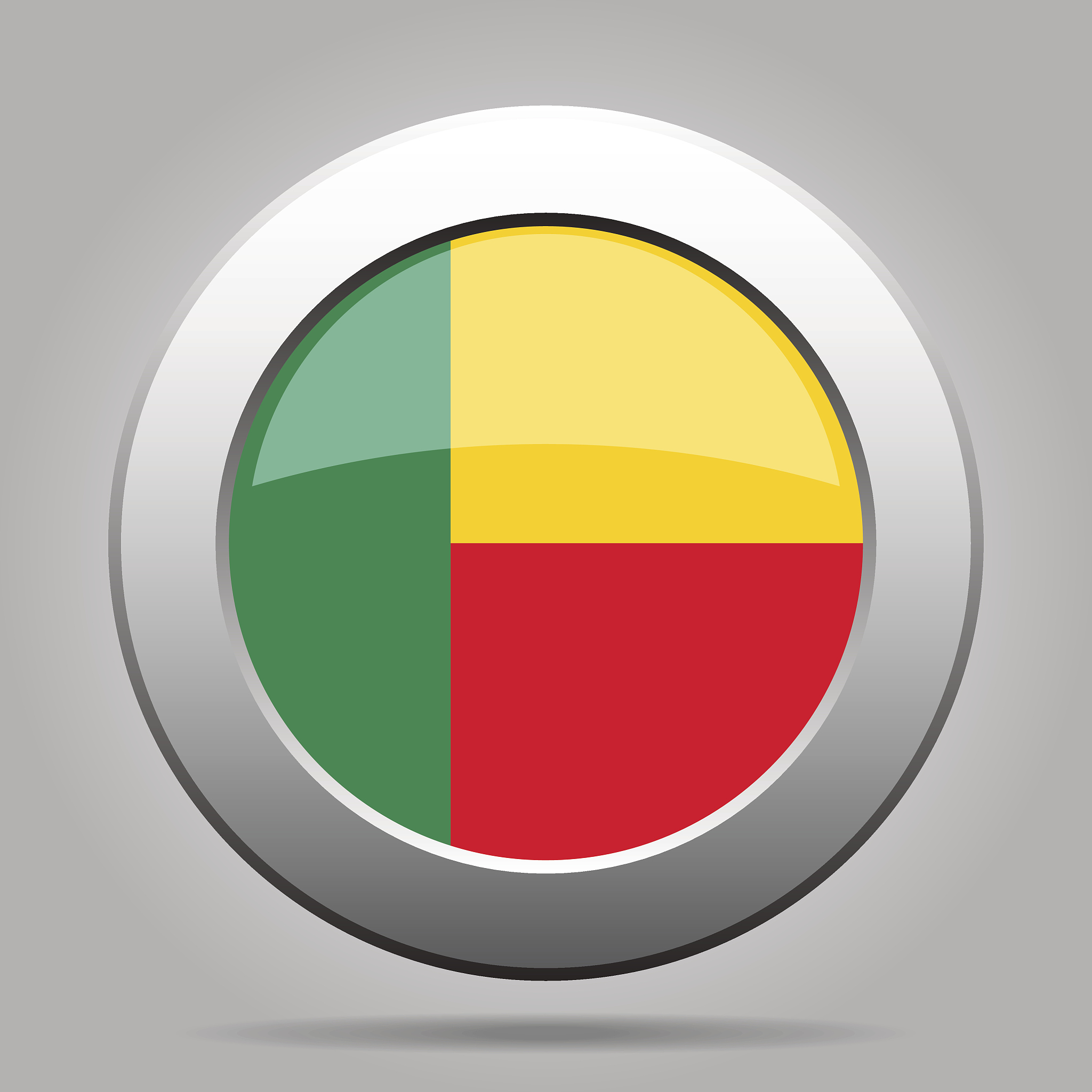 flag of benin. shiny metal gray round button.