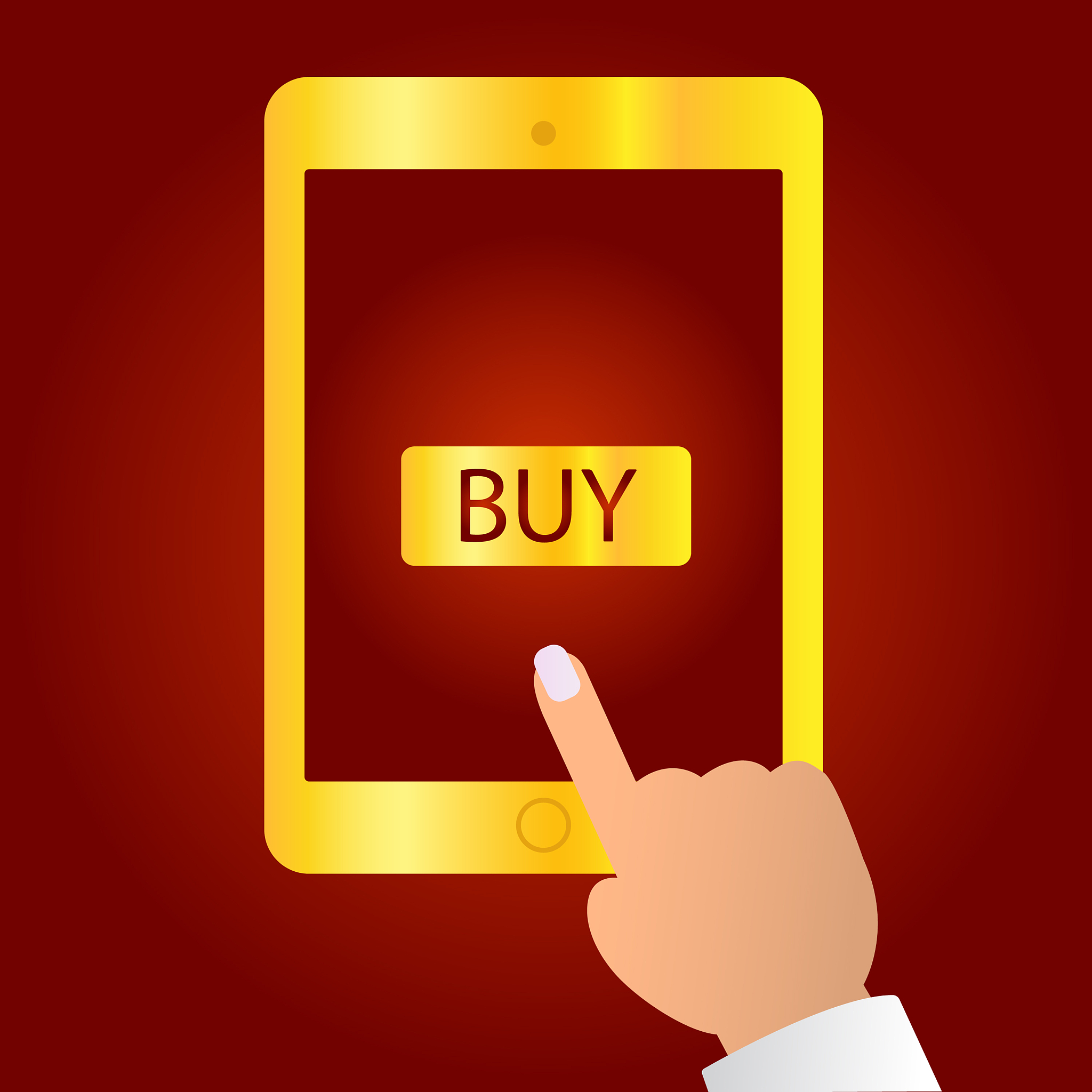 hands holding a tablet with buy now icon