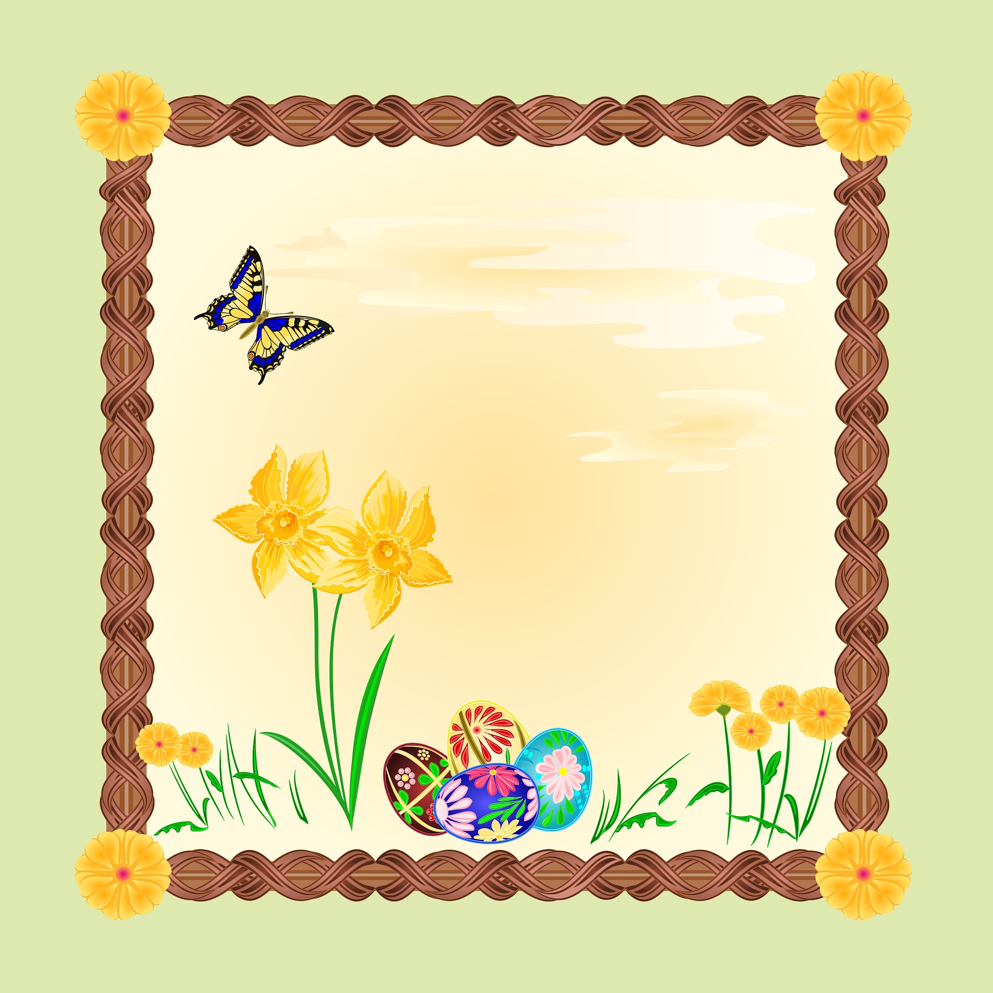daffodil and easter eggs with butterfly frame