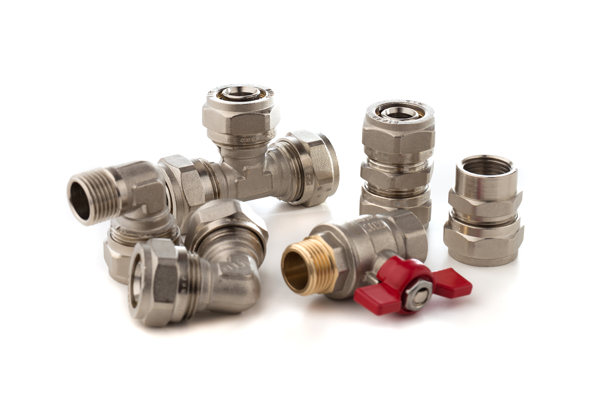 fittings for water on a white background. brass fittings close-u