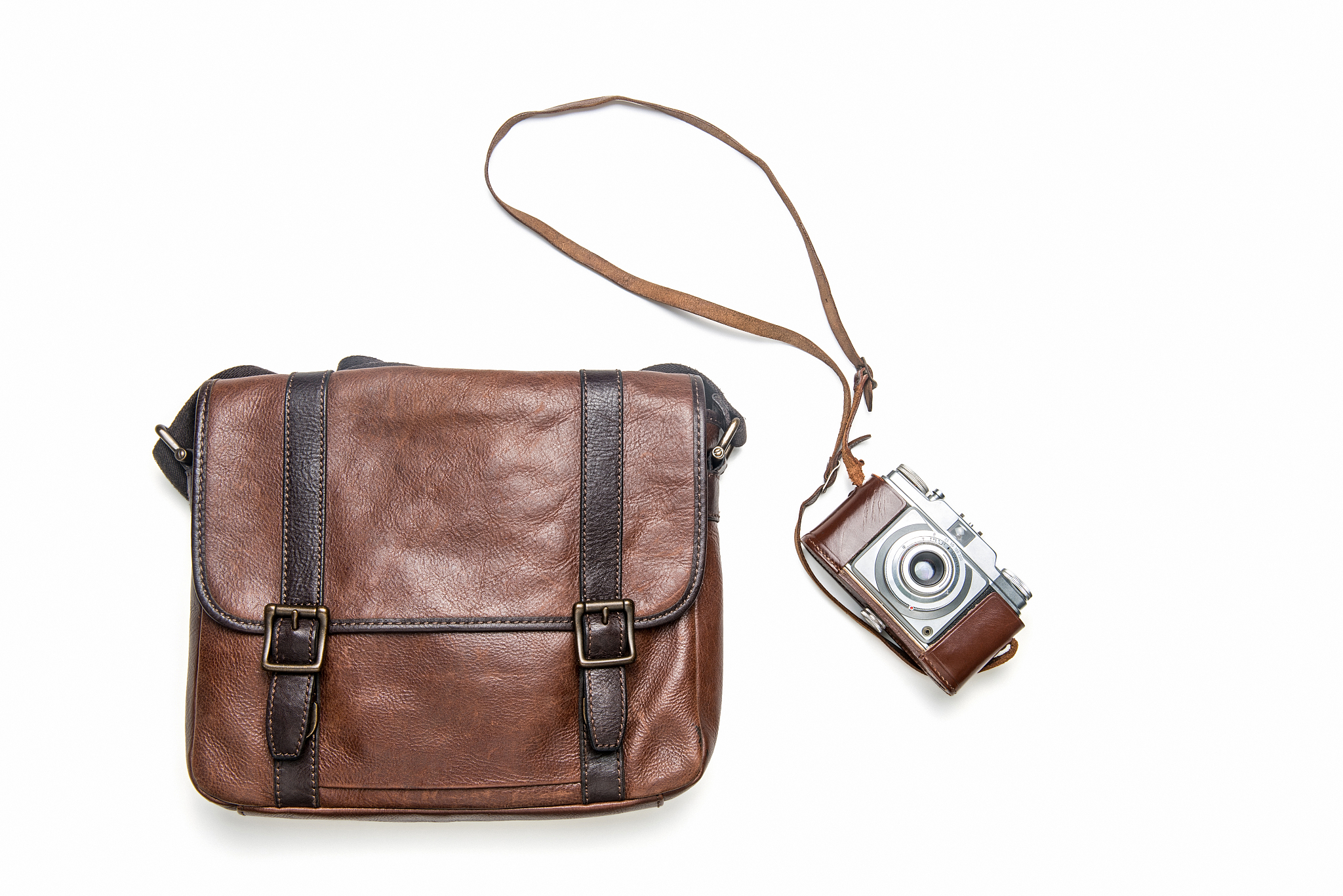 vintage camera and leather bag
