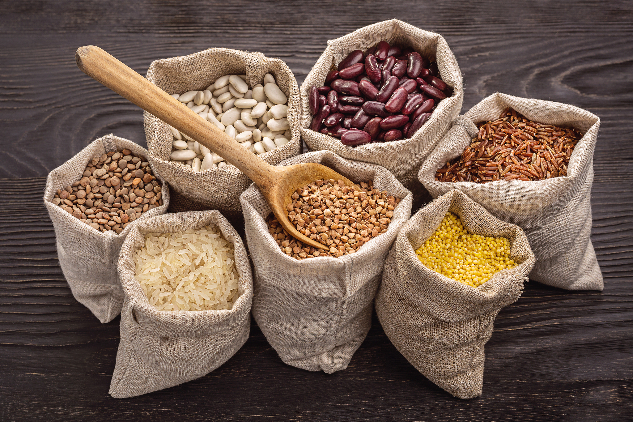cereals and beans in bags.