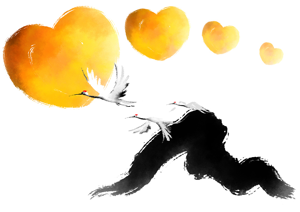 cranes flying against mountain and heart shape cloud