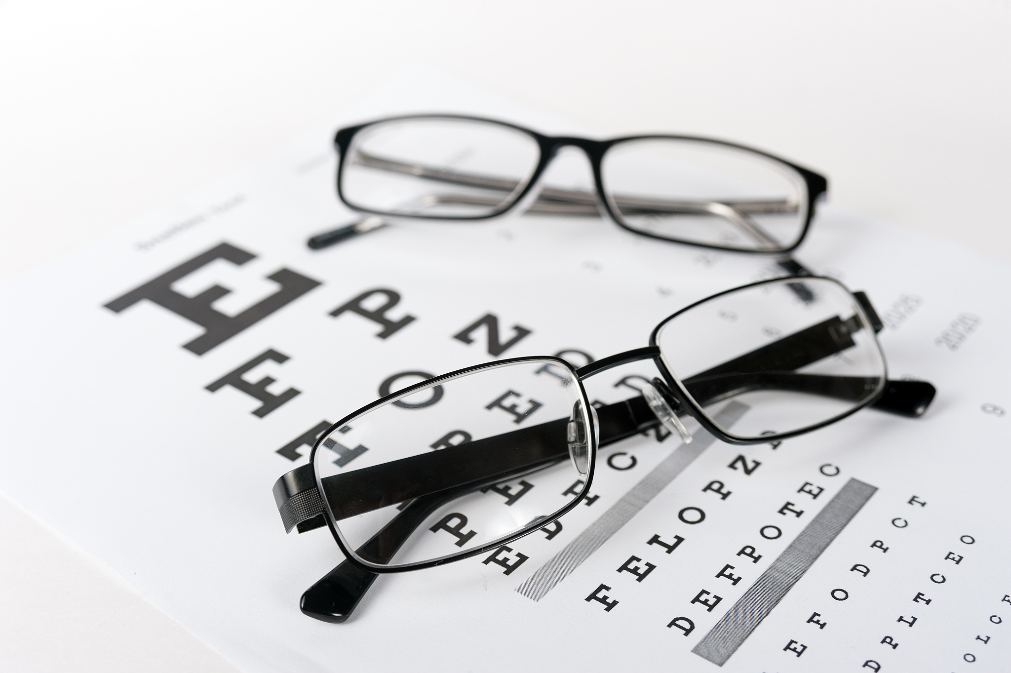 eye glasses on eyesight test chart background close up