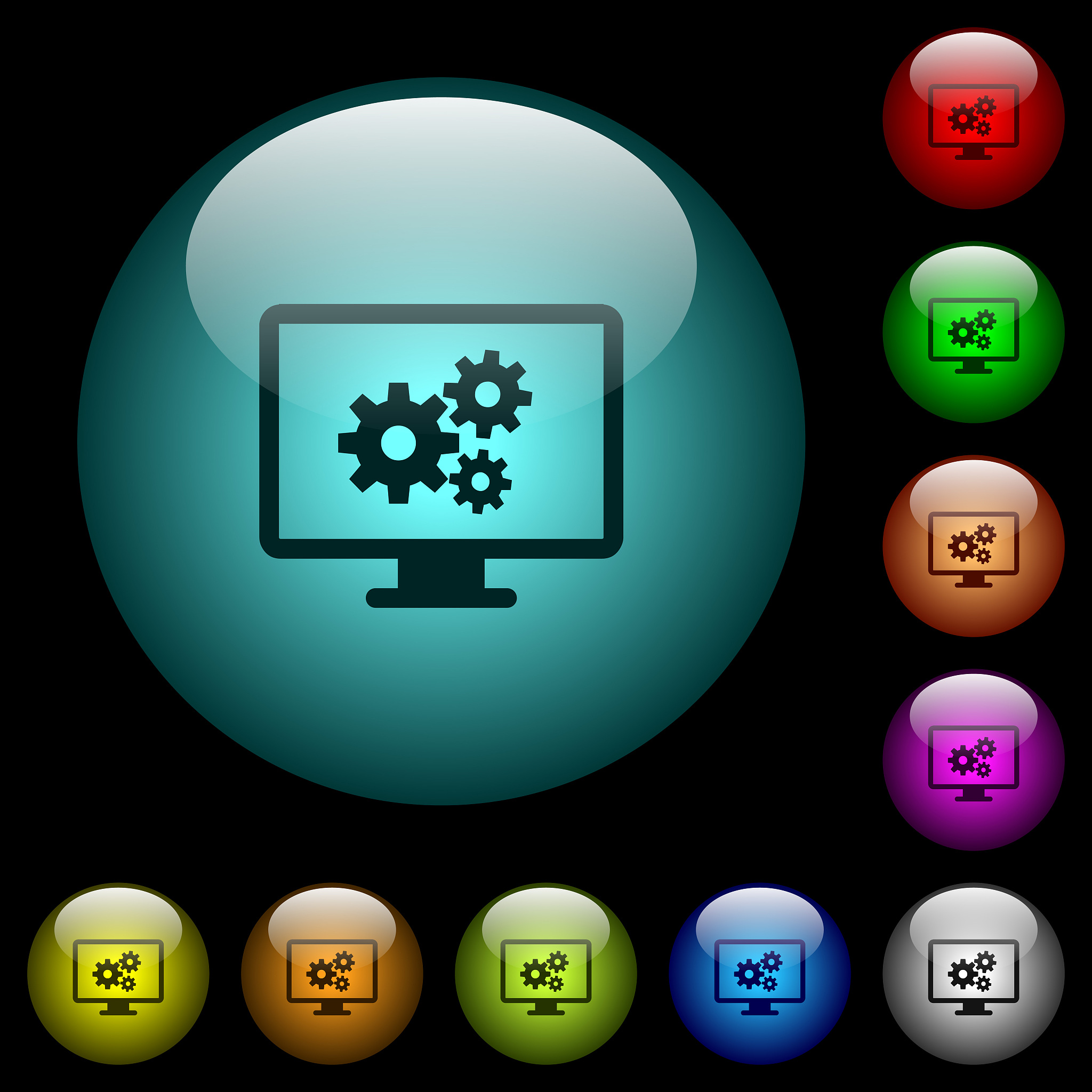 screen settings icons in color illuminated glass buttons