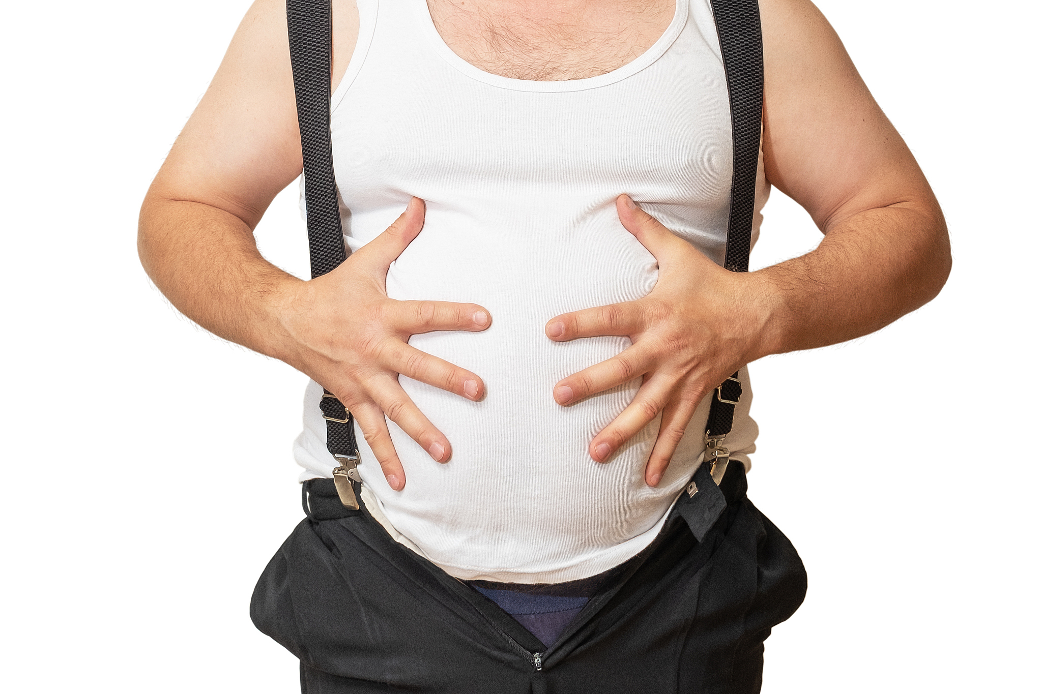 a man with a big belly shows his size with his hands.