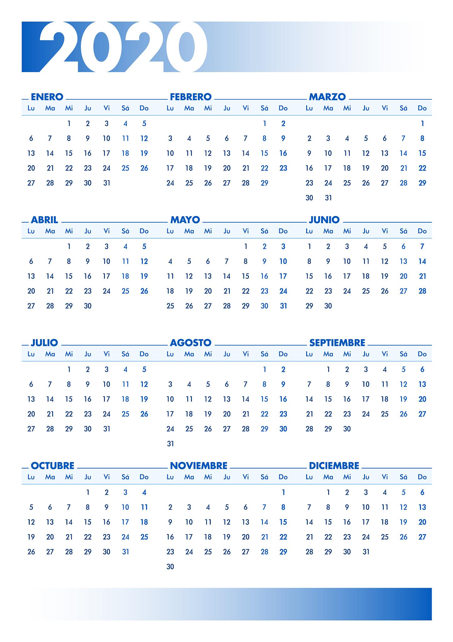 blue 2020 spanish calendar printable portrait