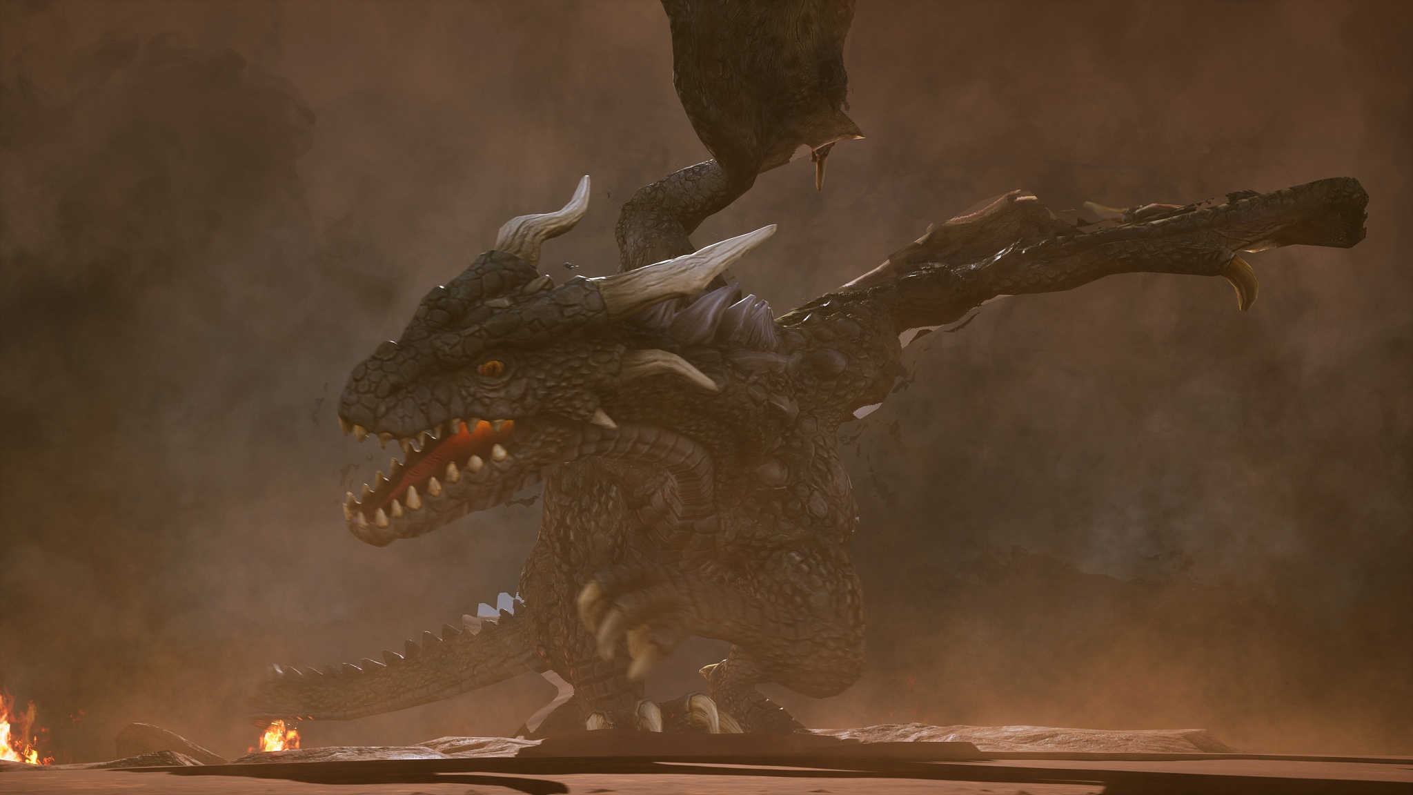 a big angry dragon in the desert is fighting off its enemies. 3d