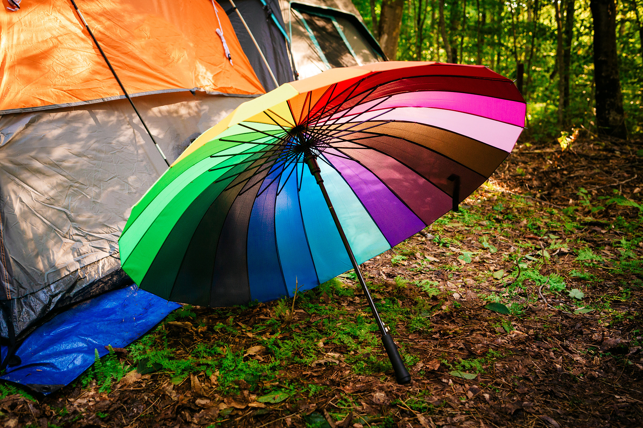 rainbow umbrella next to camping tent in the forest