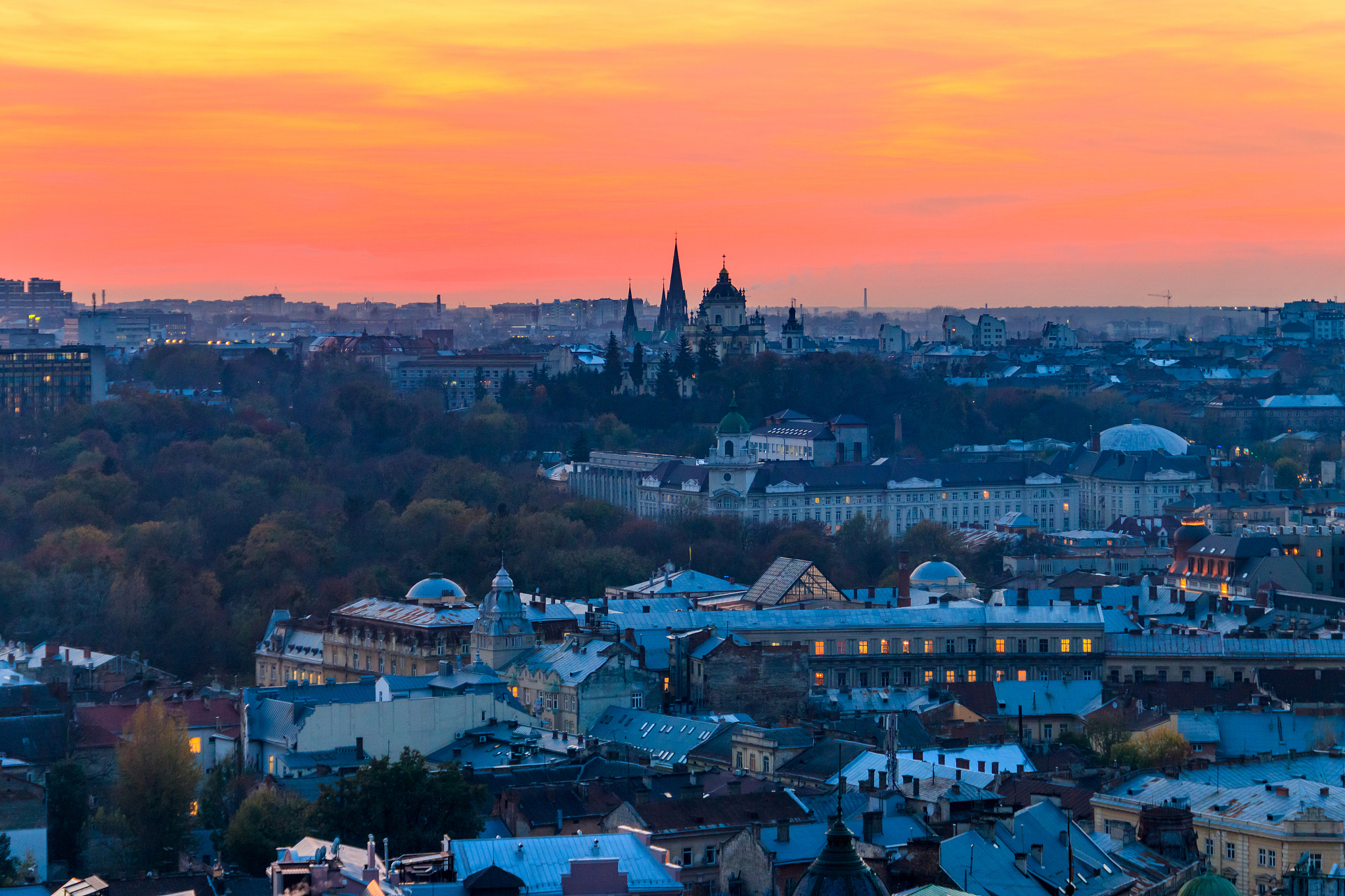 aerial view of the old town of lviv in ukraine at sunset. lvov c