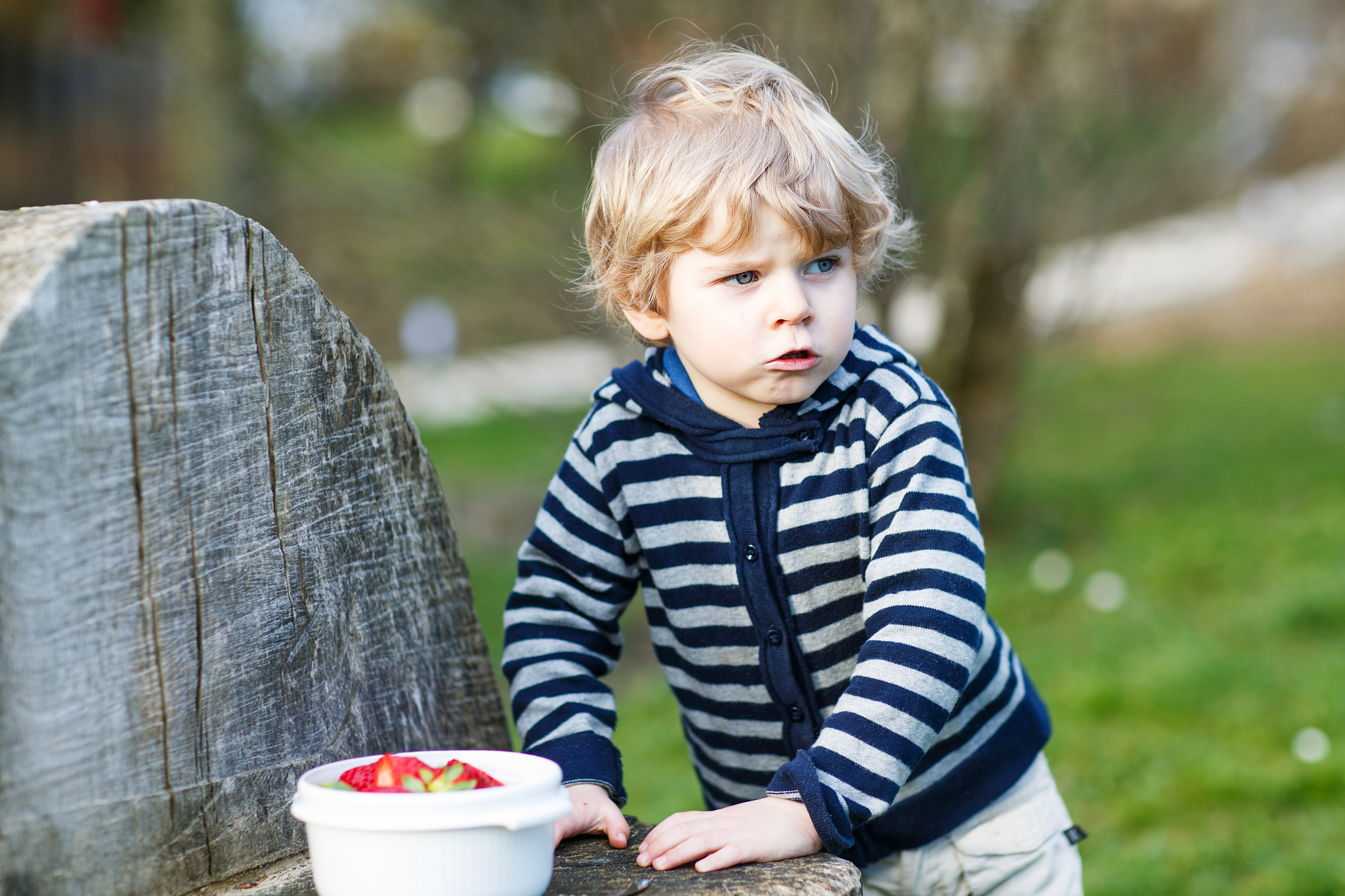 cute blond boy of two years eating strawberries outdoors