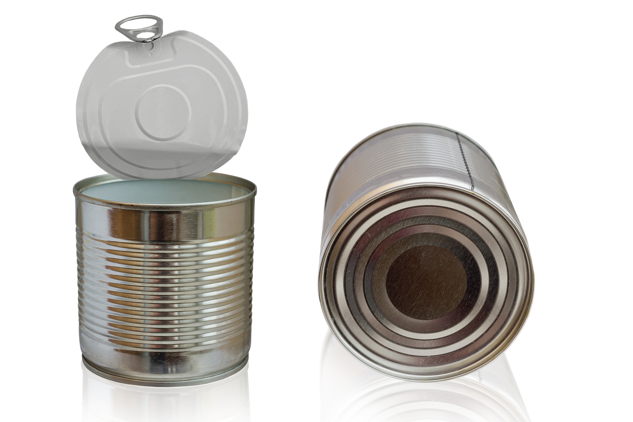 opened empty food metal can isolated on white