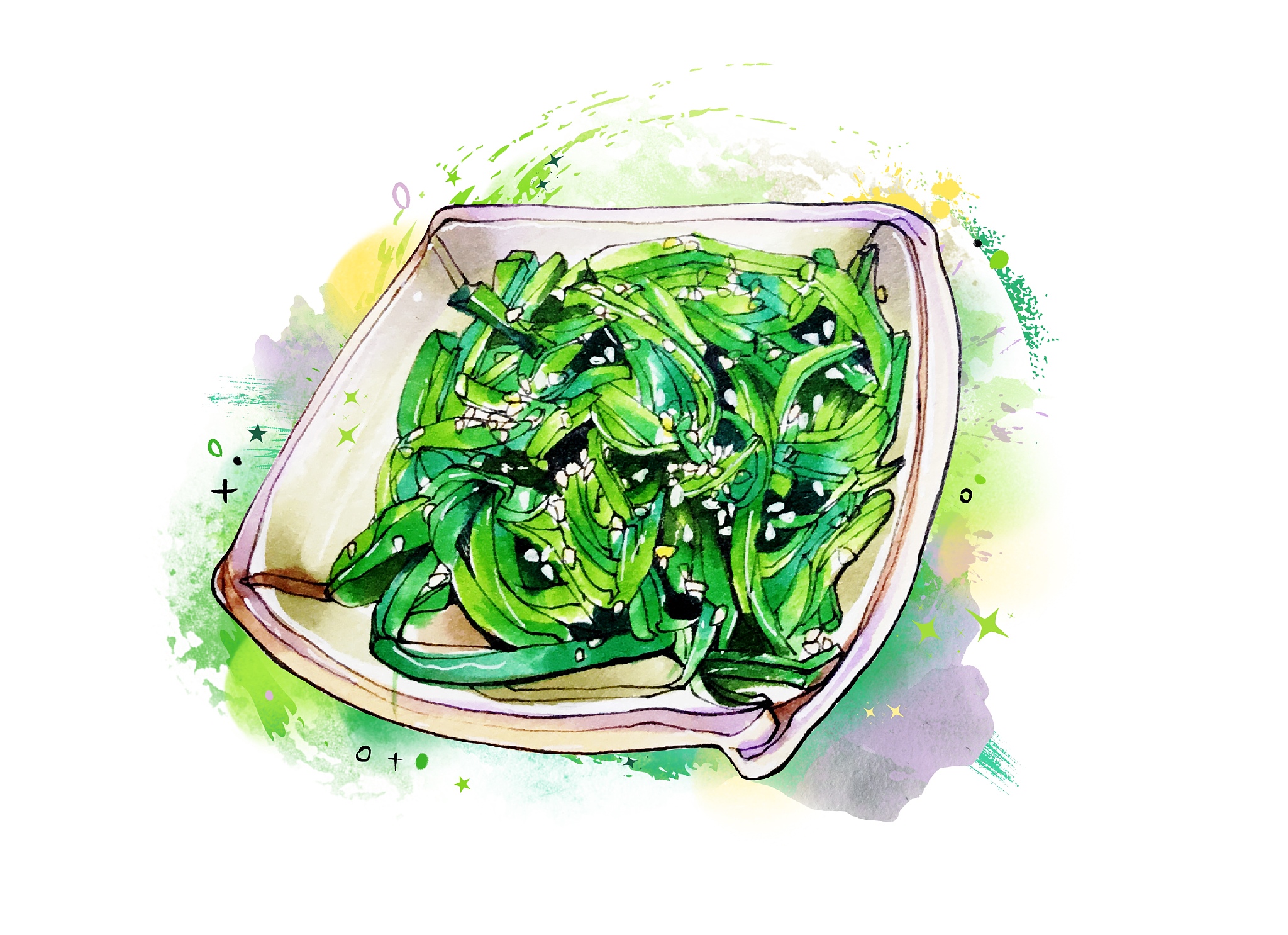 马克笔美食手绘插画  健康蔬菜绿色食品 凉拌海草 有背景