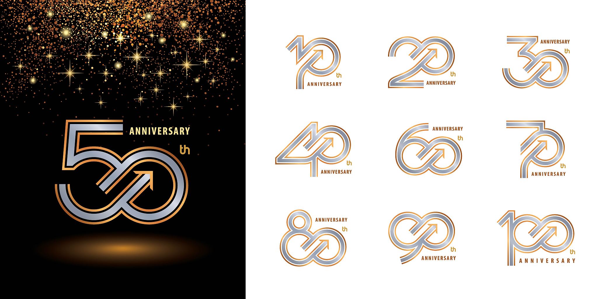 set of 10 to 100 anniversary logotype design, years celebrate an