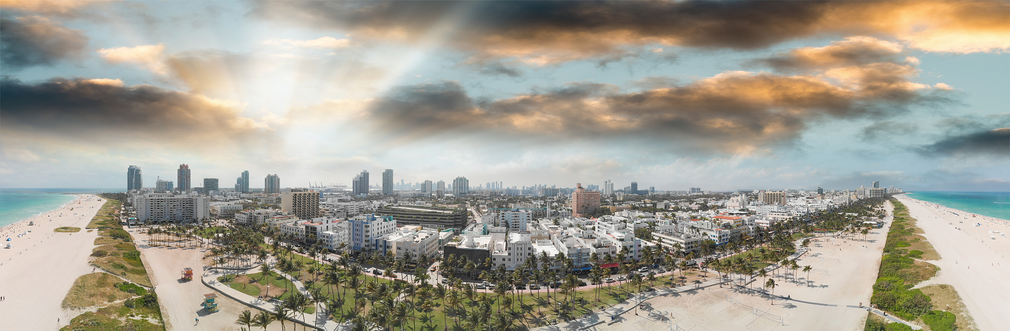 aerial sunset panoramic view of miami south beach, florida from 
