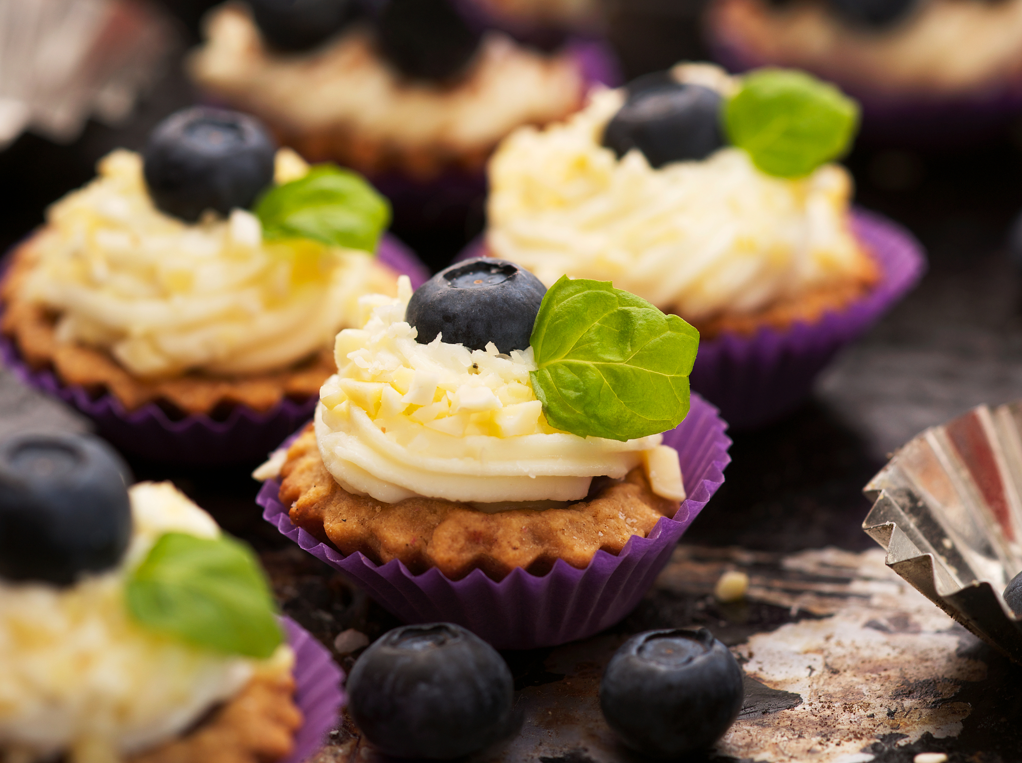 cake with bilberry and mint on black