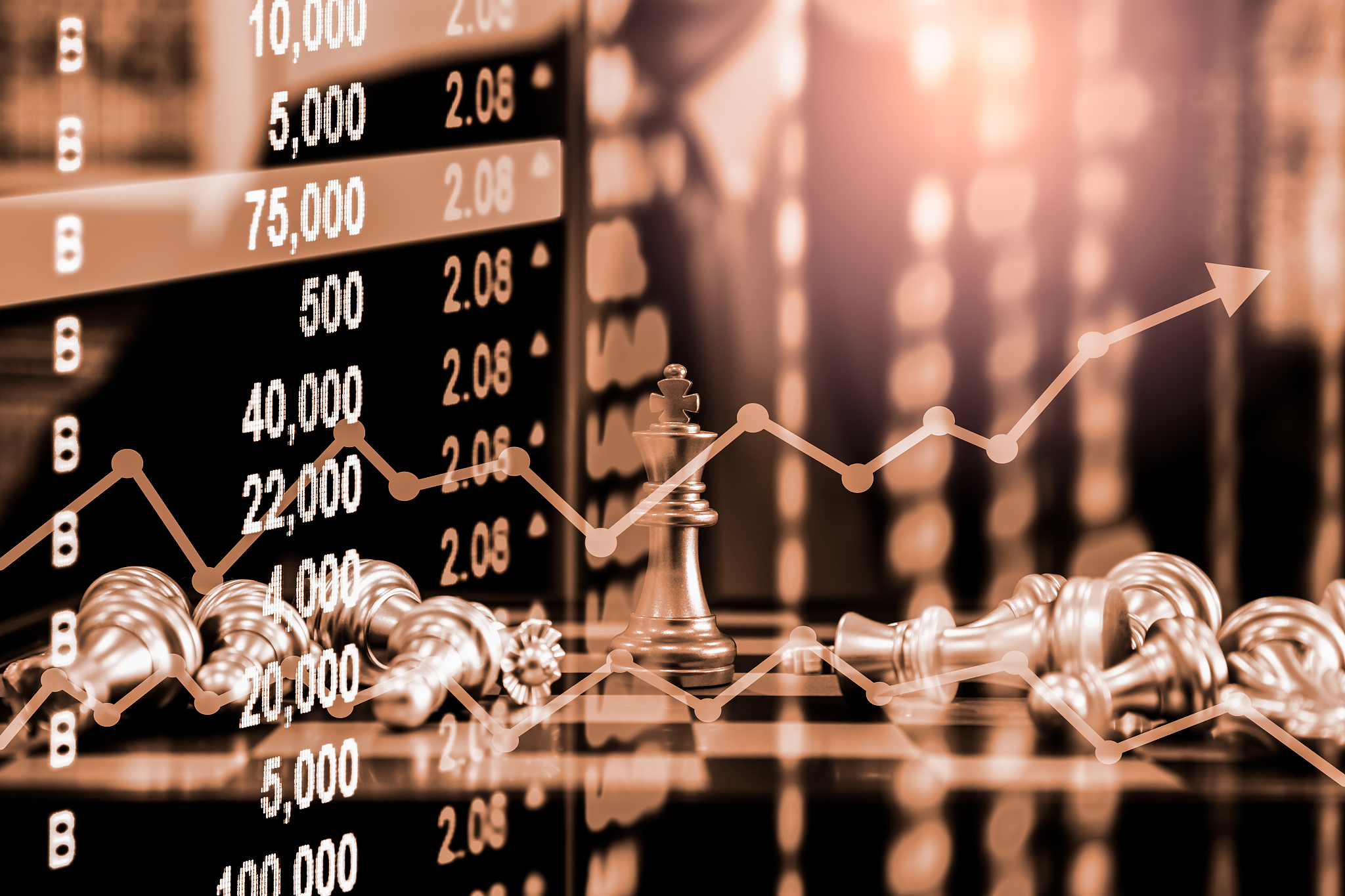 chess game on chess board on stock market or forex trading graph