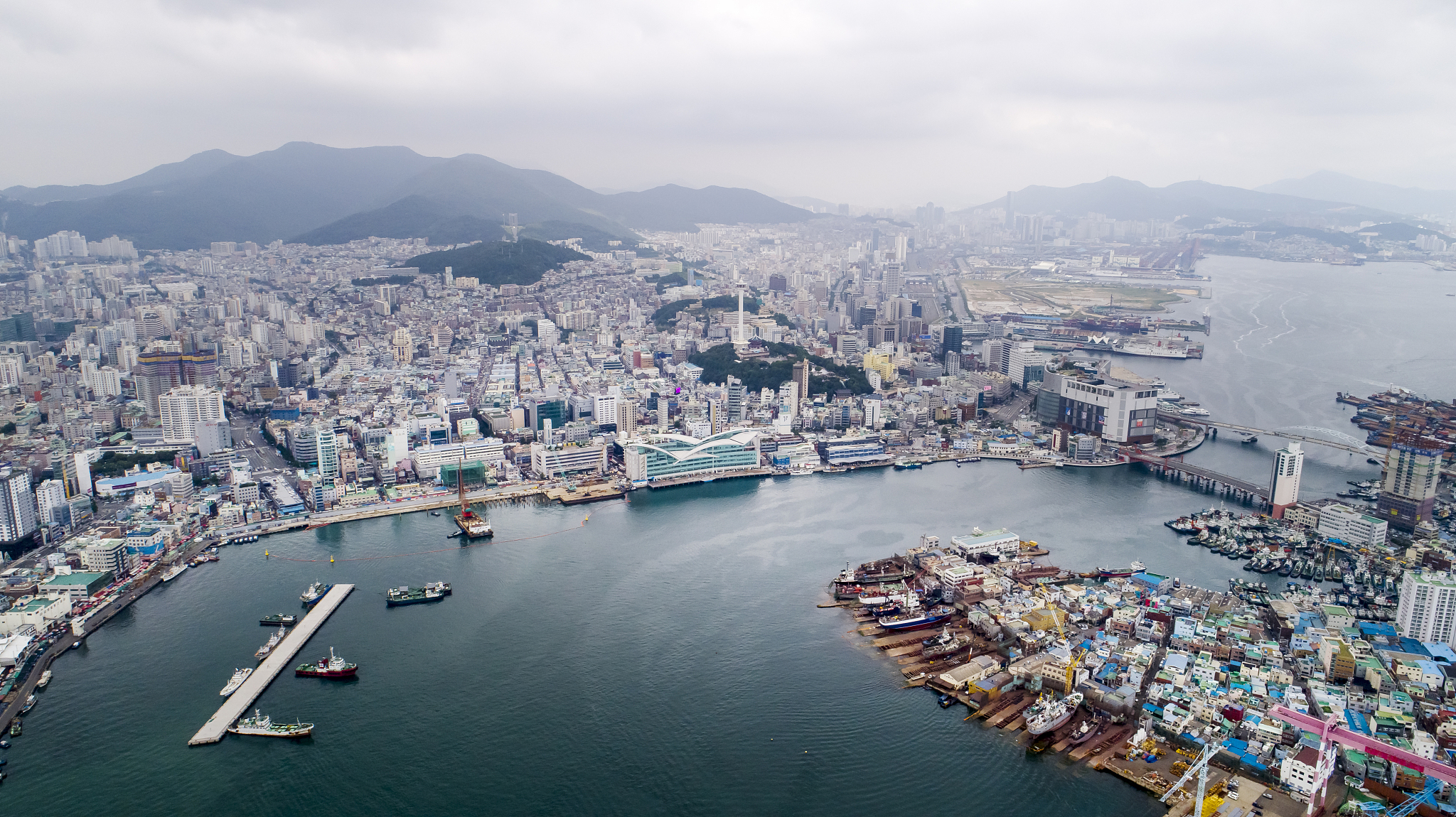 aerial view of sea and building exterior in busan, korea