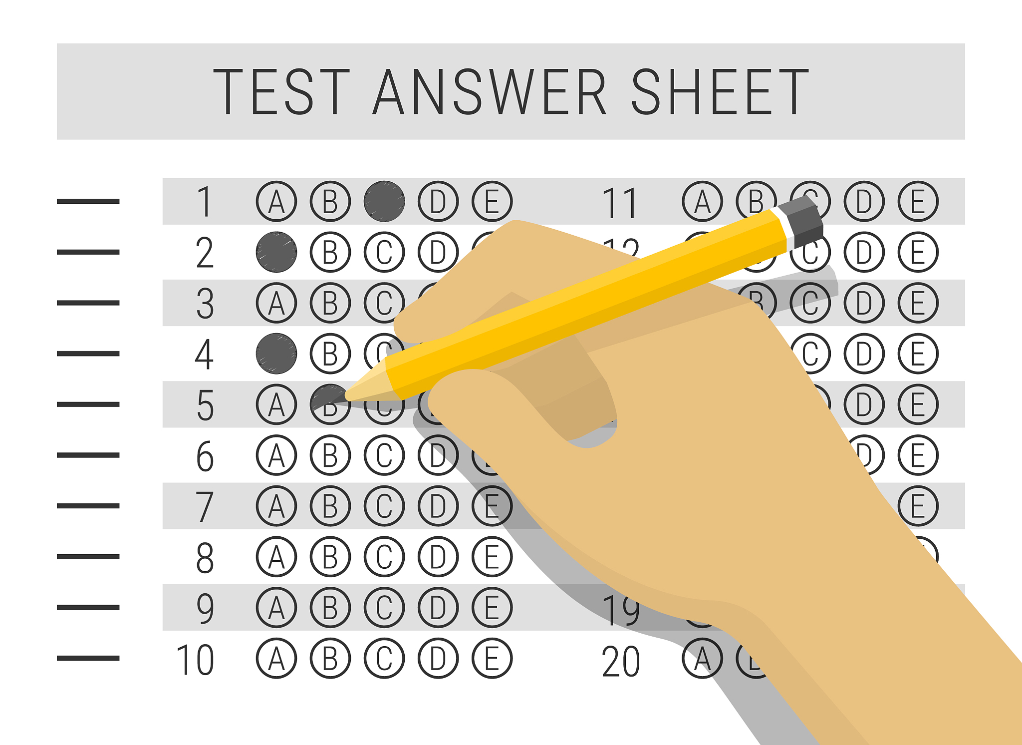 hand with <strong>p</strong>encil filling out answers on exam test
