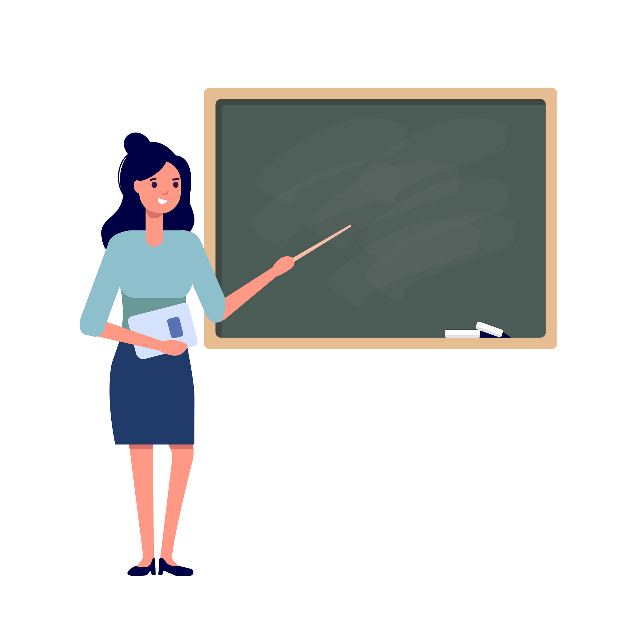young female teacher on lesson at blackboard in classroom isolat