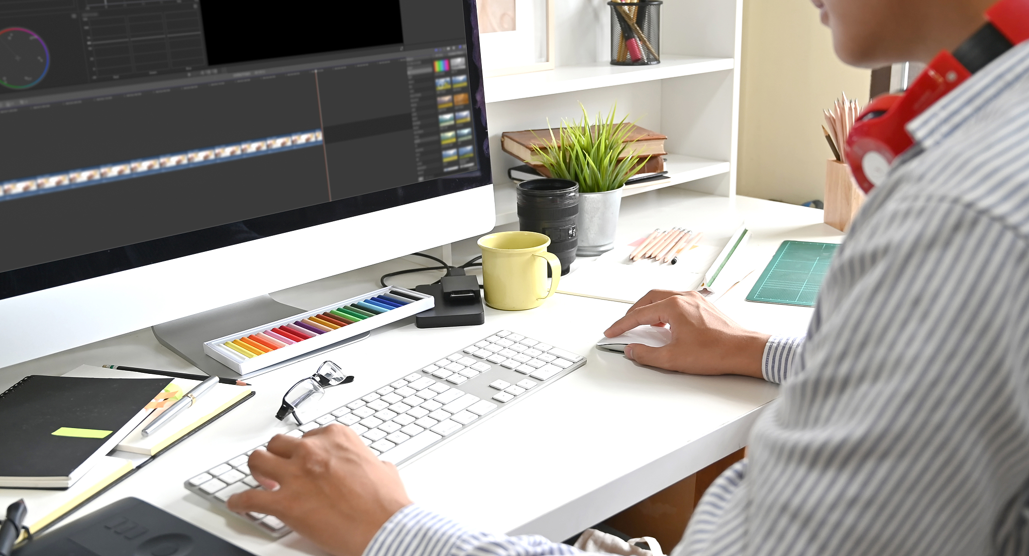 video editing with computer professional editor adding colour gr