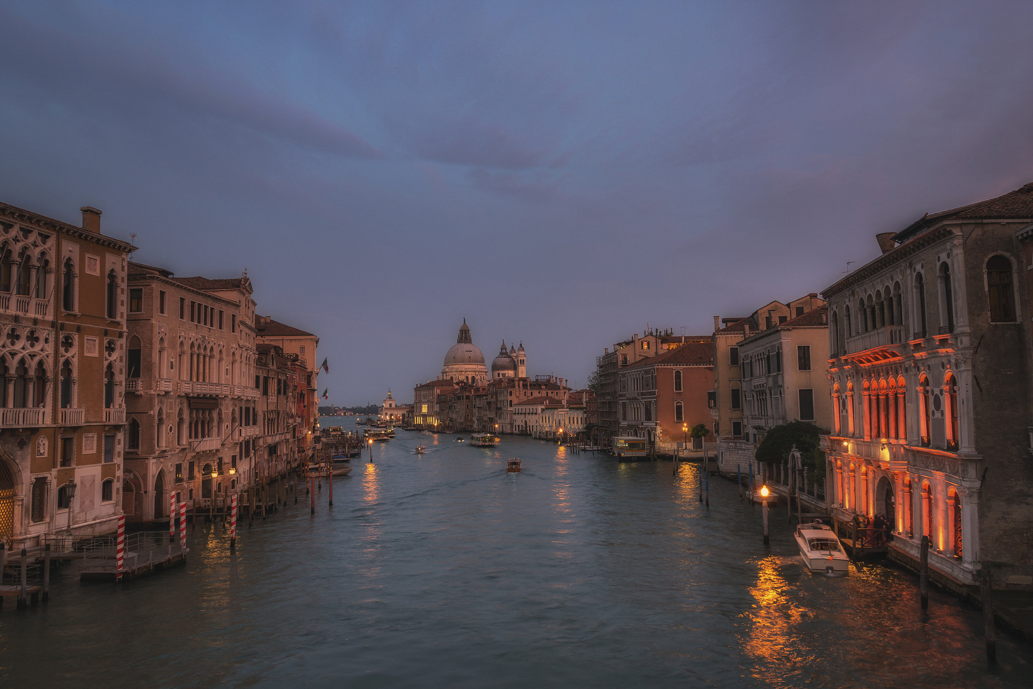 night view from accademia bridge on grand canal and santa maria 