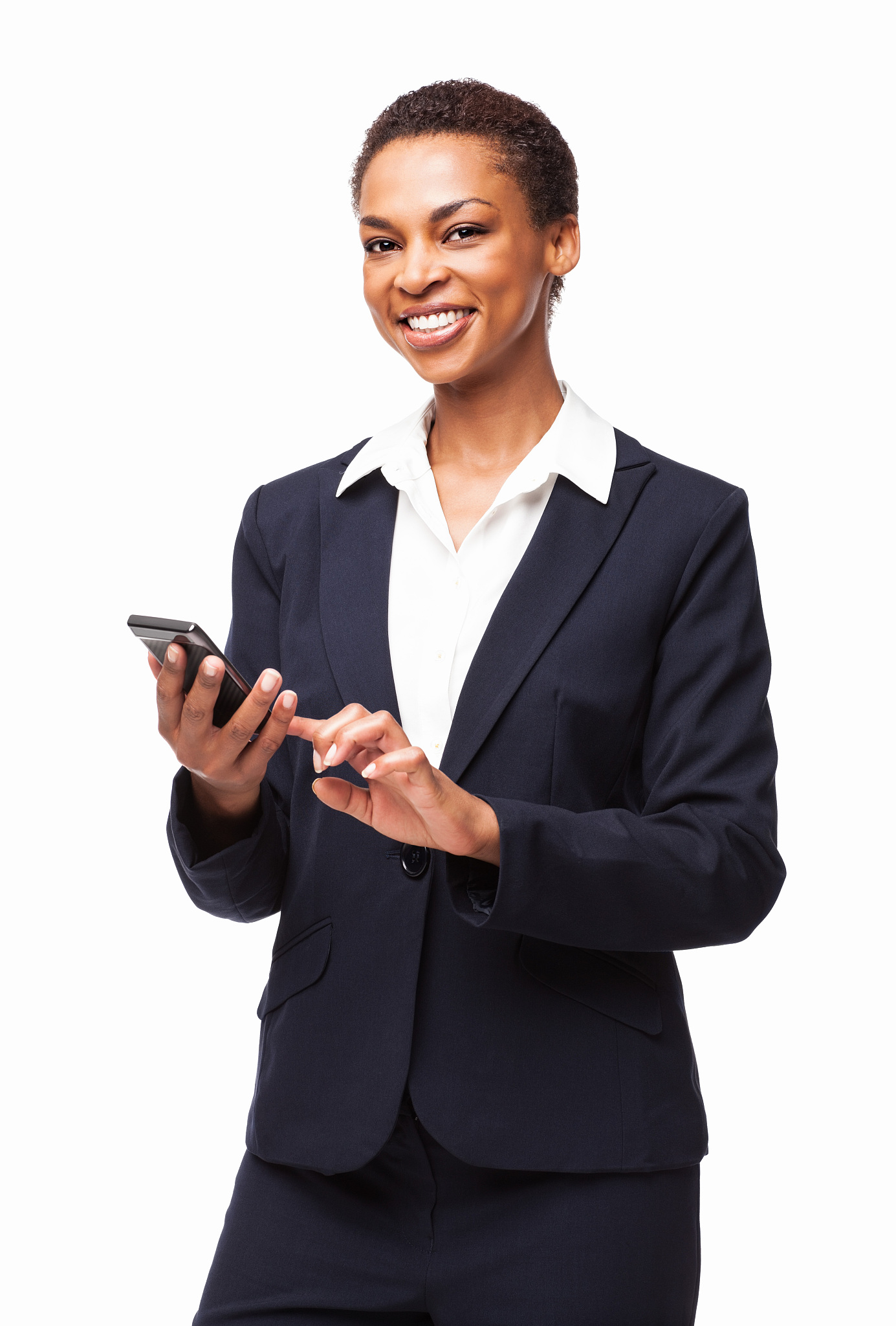 african american businesswoman using smart phone - isolated