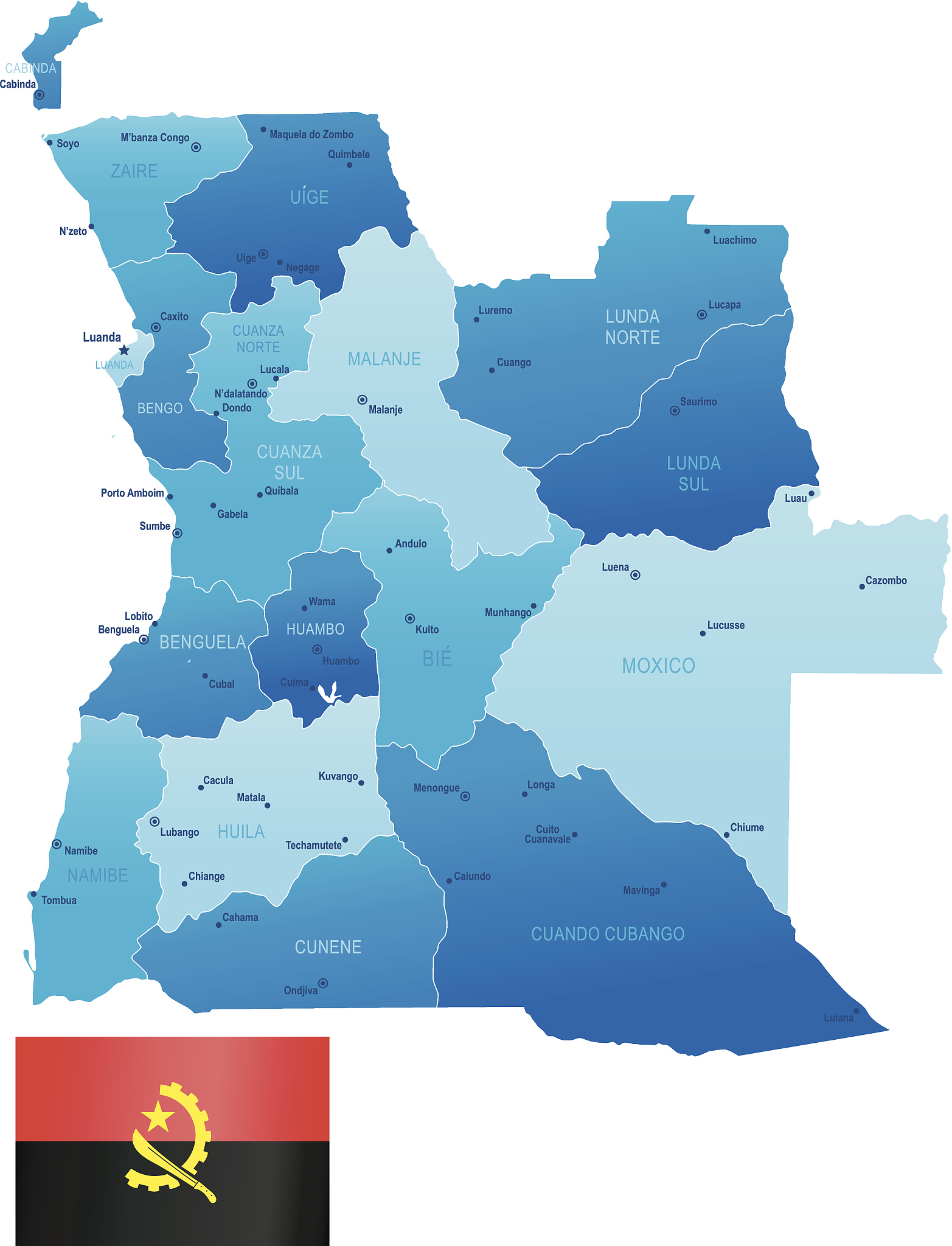 map of angola - states, cities, flag and icons