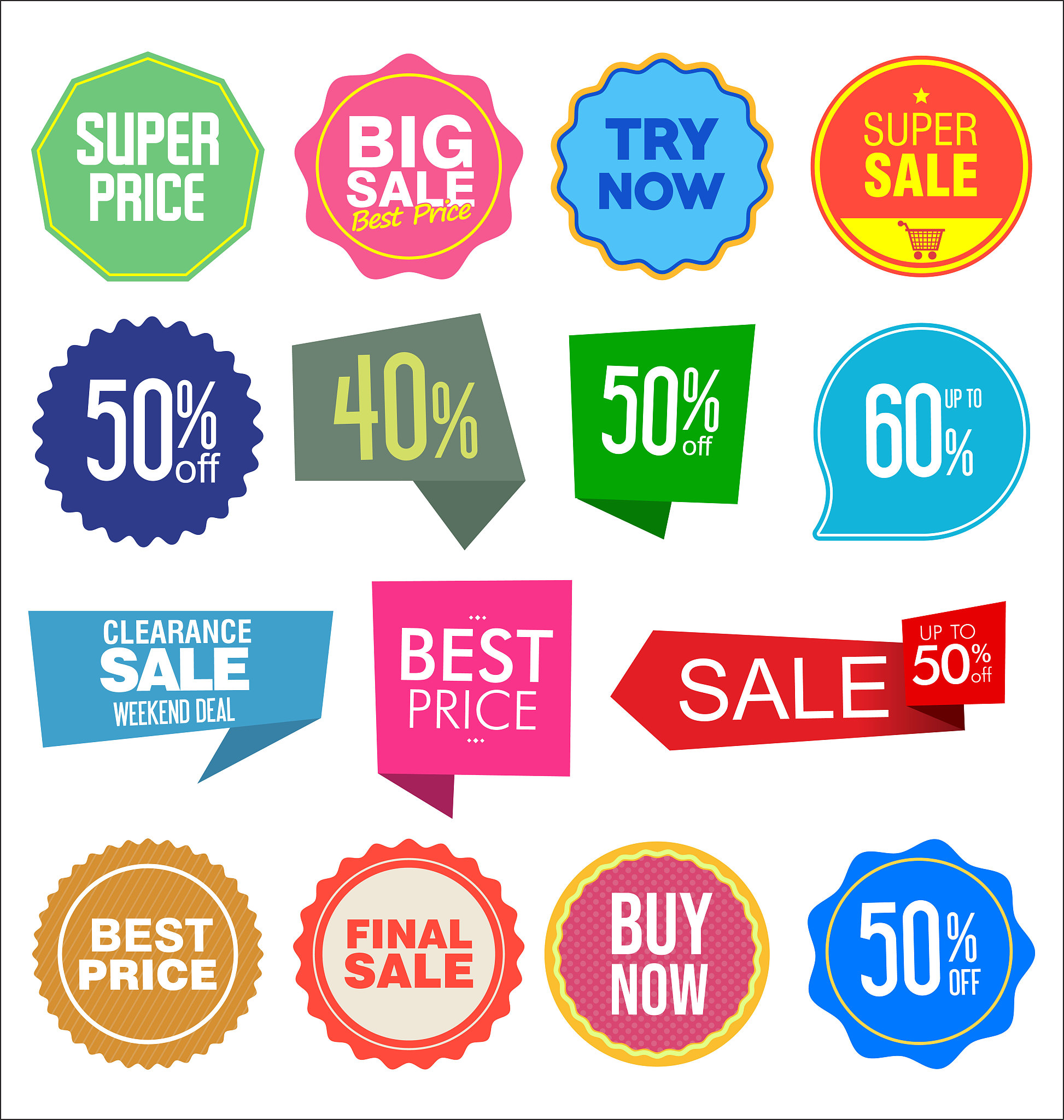 collection of colorful sale stickers and tags