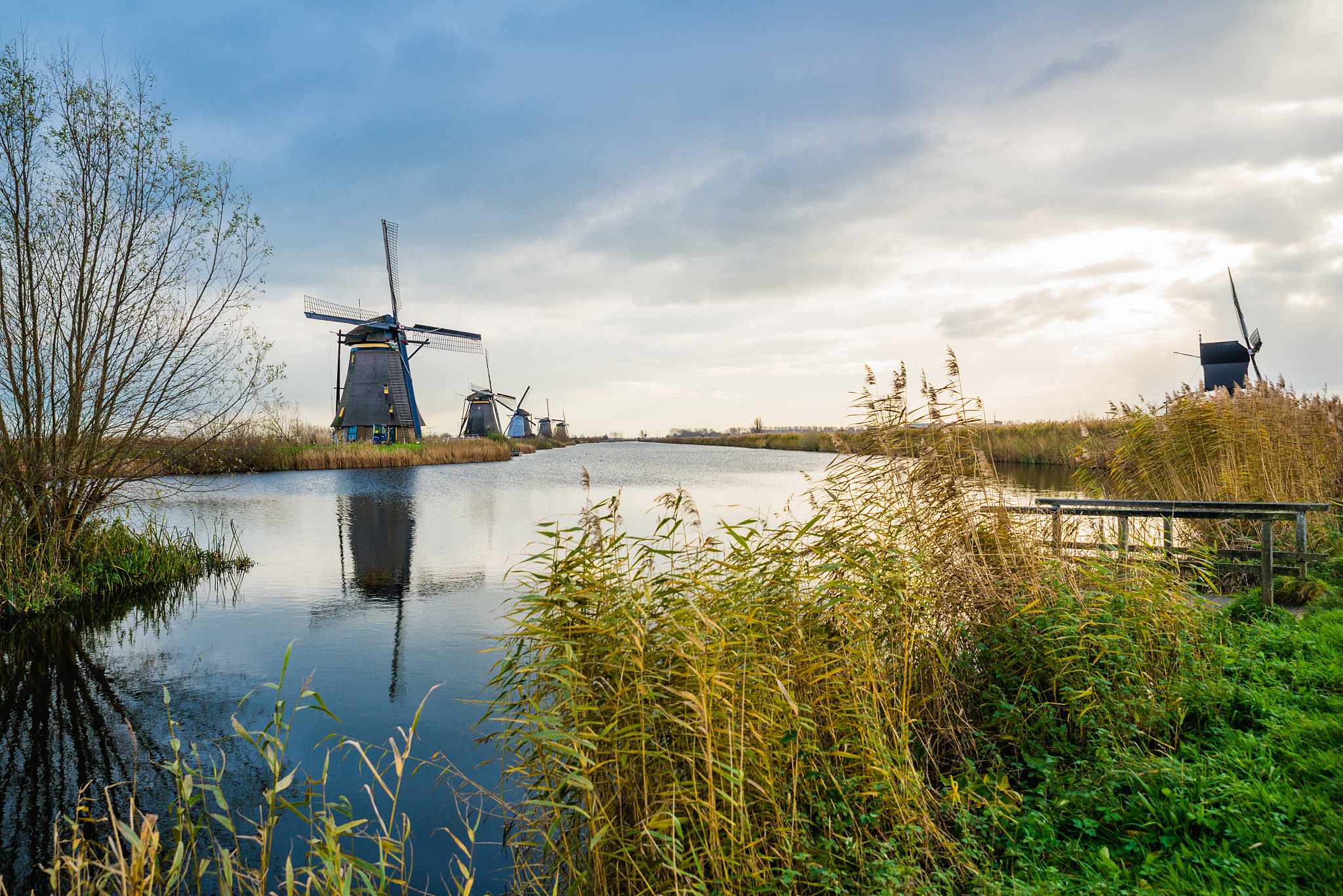 old windmills in kinderdijk at sunrise, holland, netherlands, eu