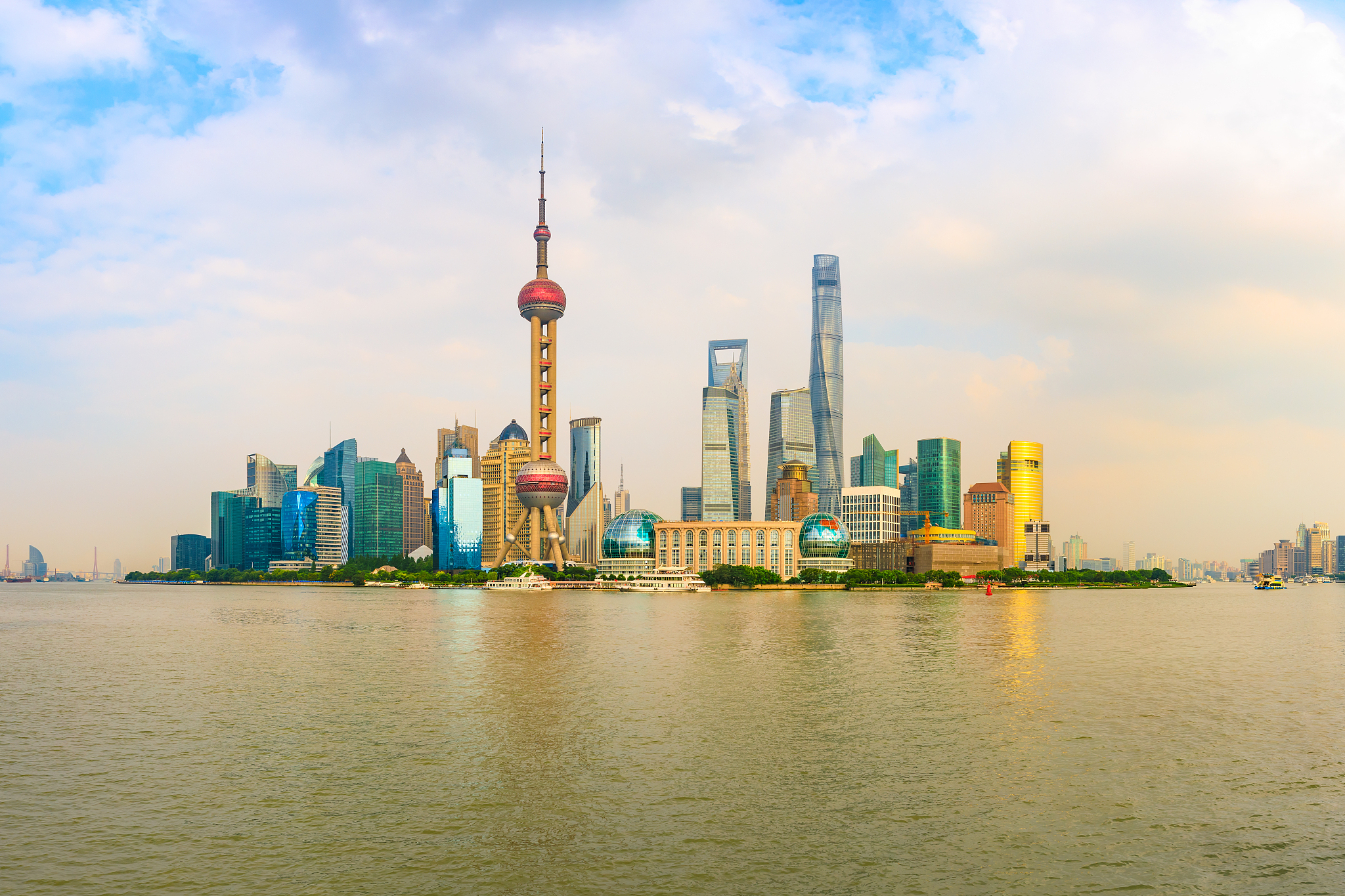 sunset beautiful city skyline and river in shanghai