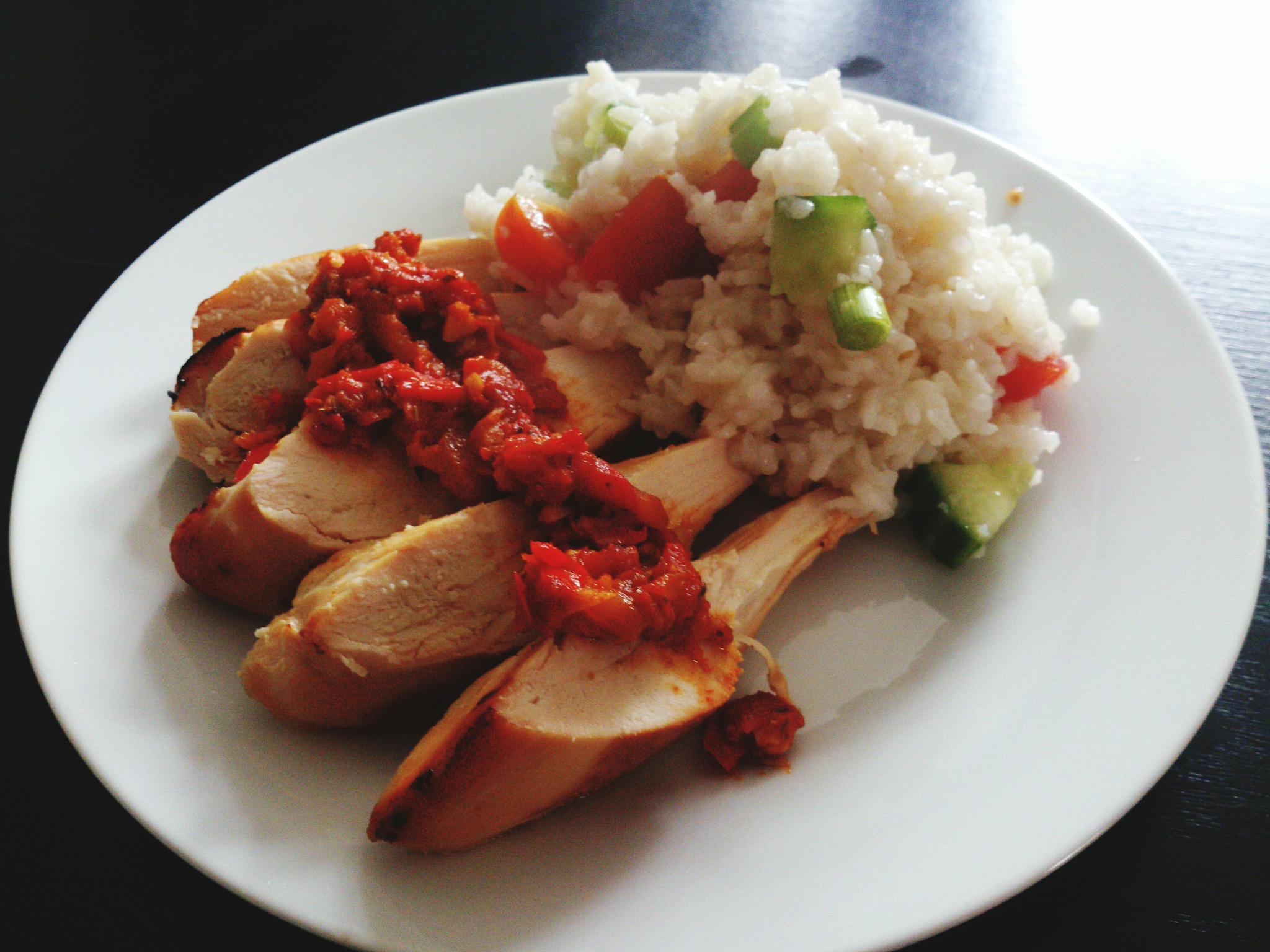 high angle view of chicken rice served in plate on table