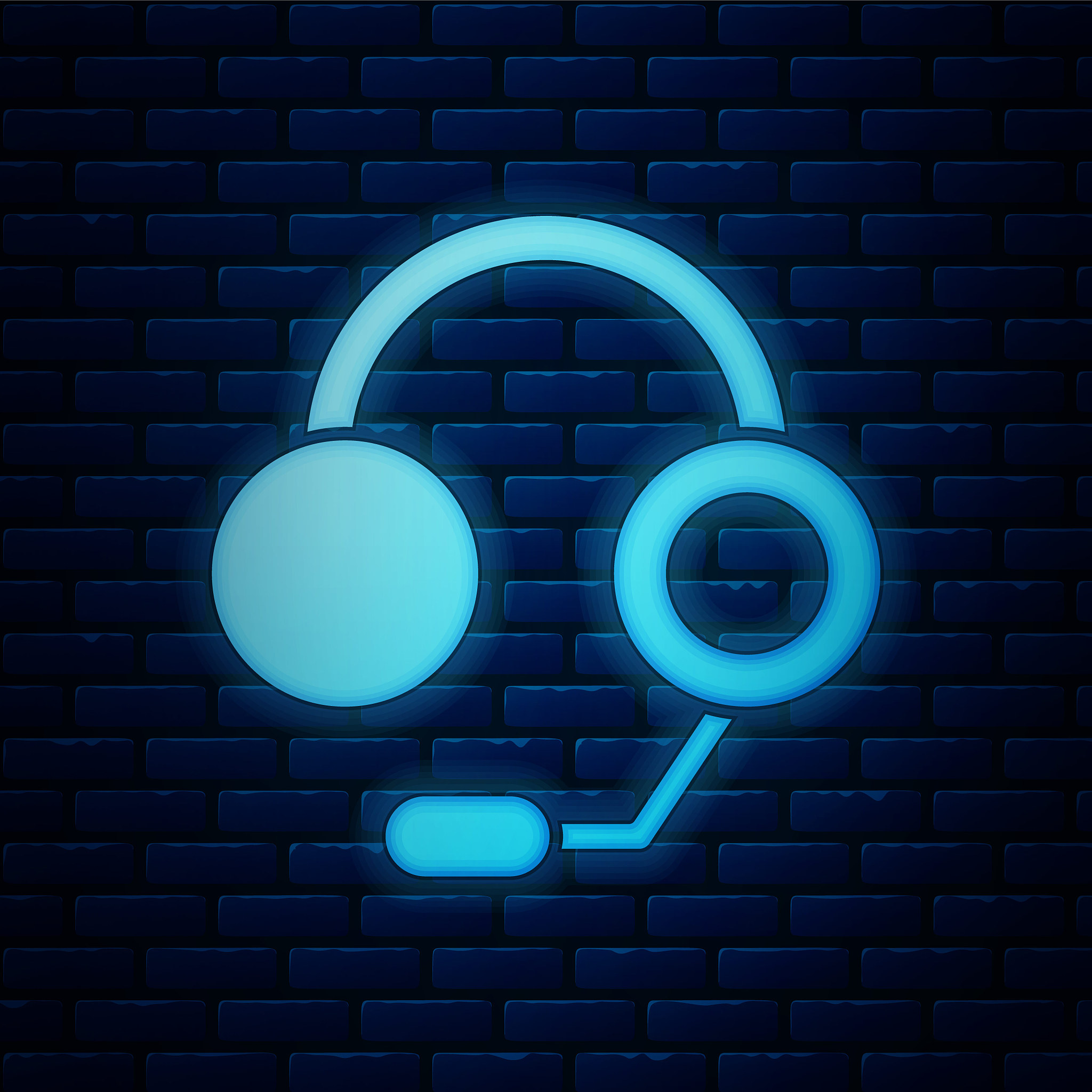 glowing neon headphones icon isolated on brick wall background. 