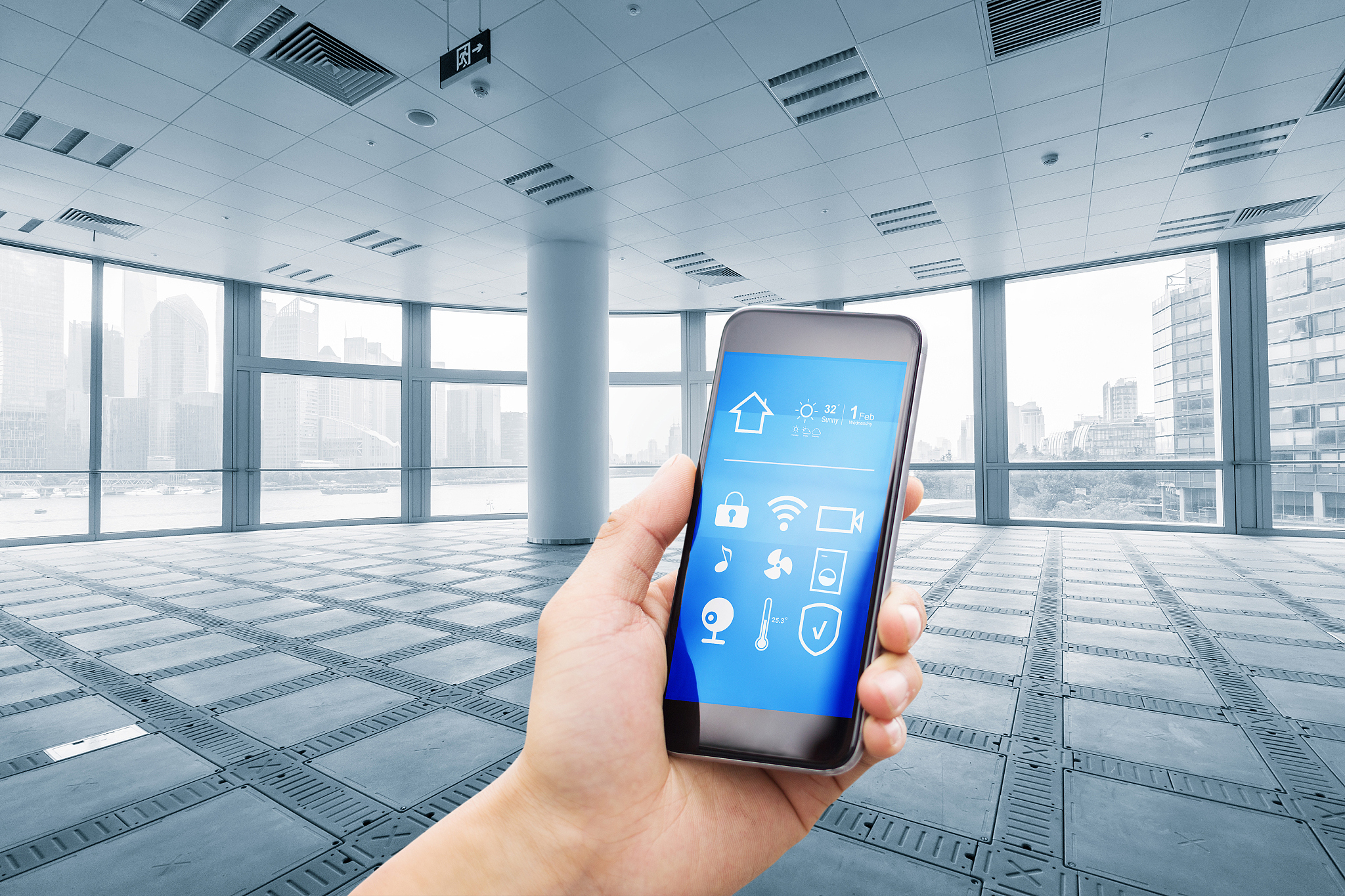 smart phone with smart home with modern office