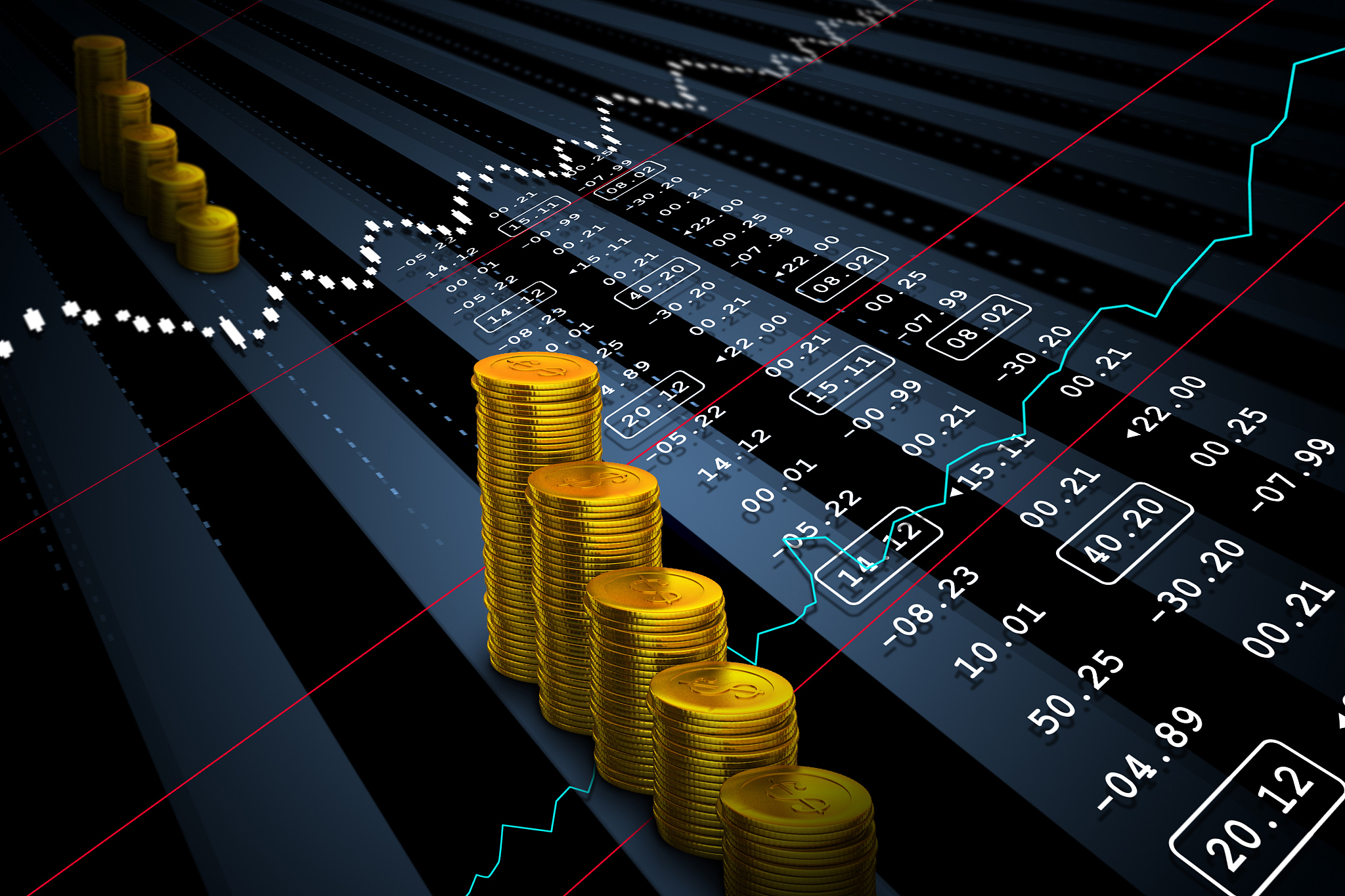 gold coins with financial stock market data