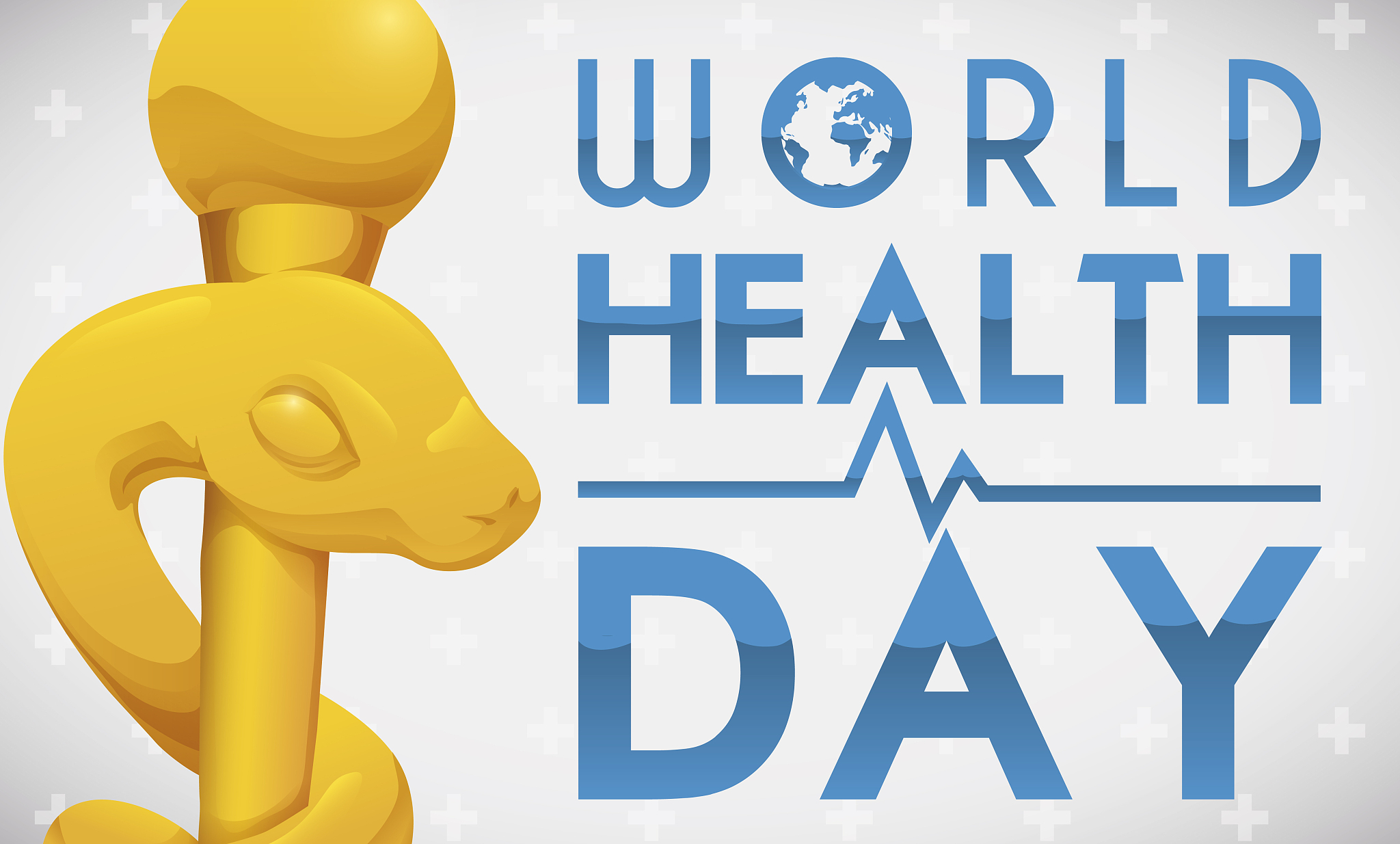 golden asclepius staff and greeting to celebrate world health da