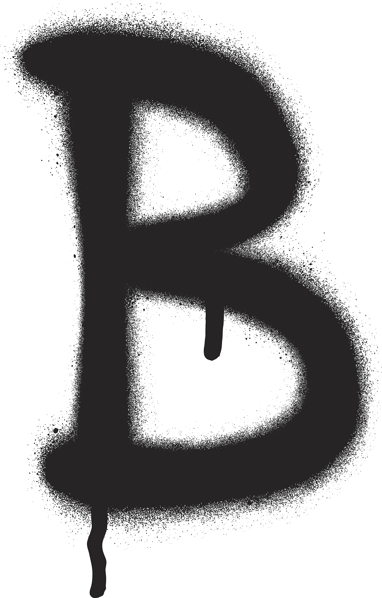 sprayed b font graffiti with leak in black over white