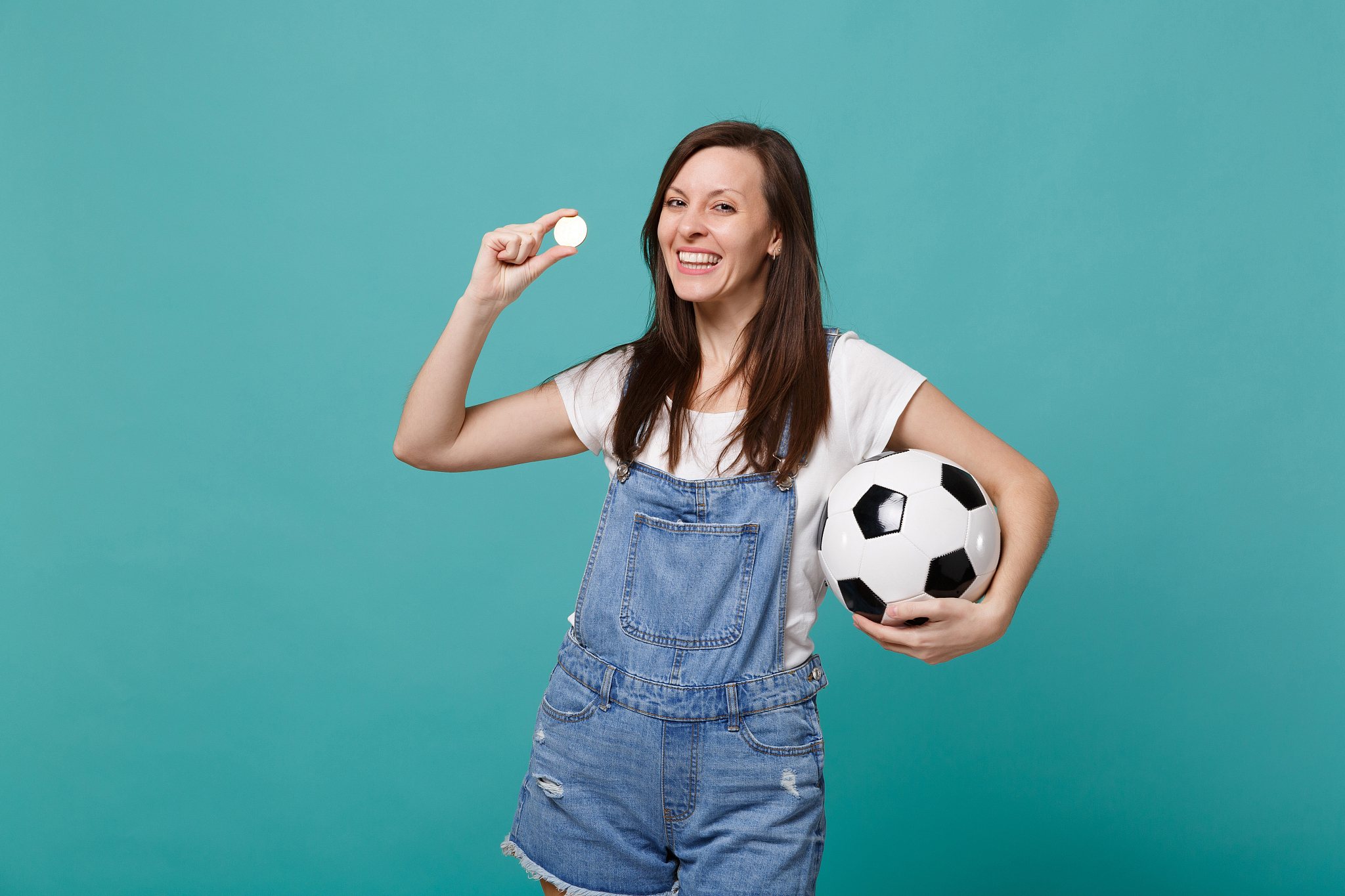 attractive joyful young girl football fan support favorite team 