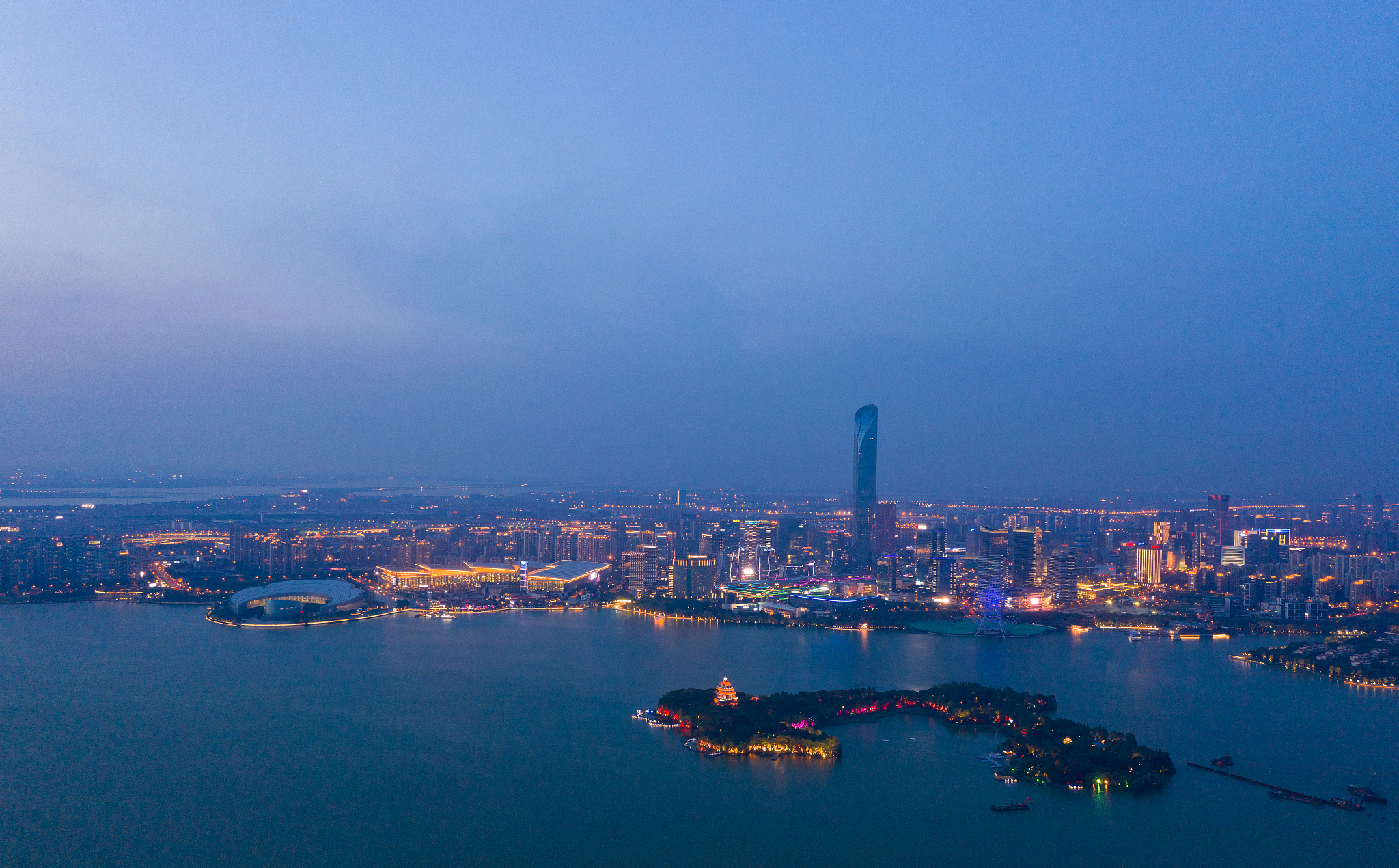 航拍苏州金鸡湖湖东现代城市风光