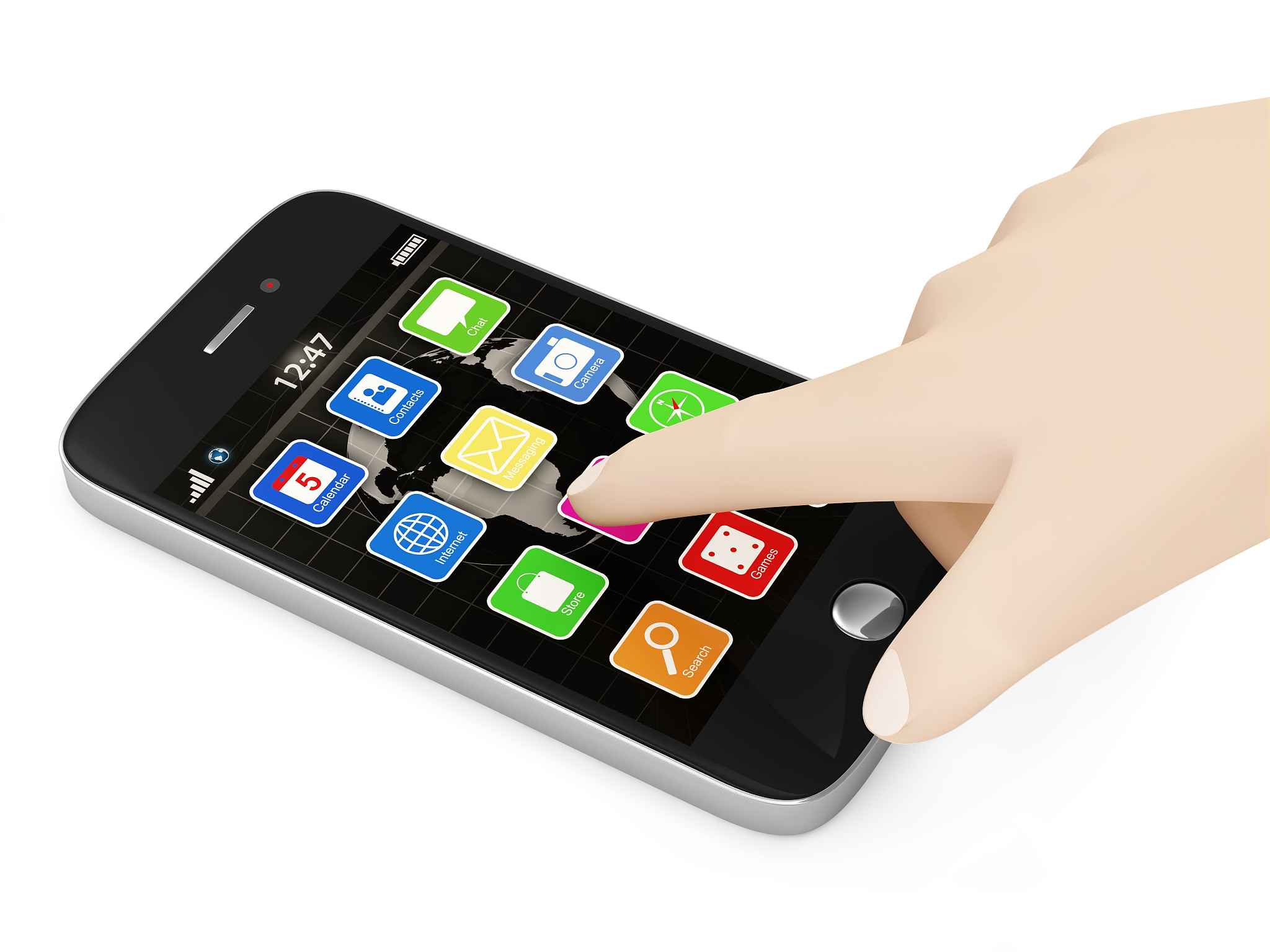 hand touching smartphone isolated on white background