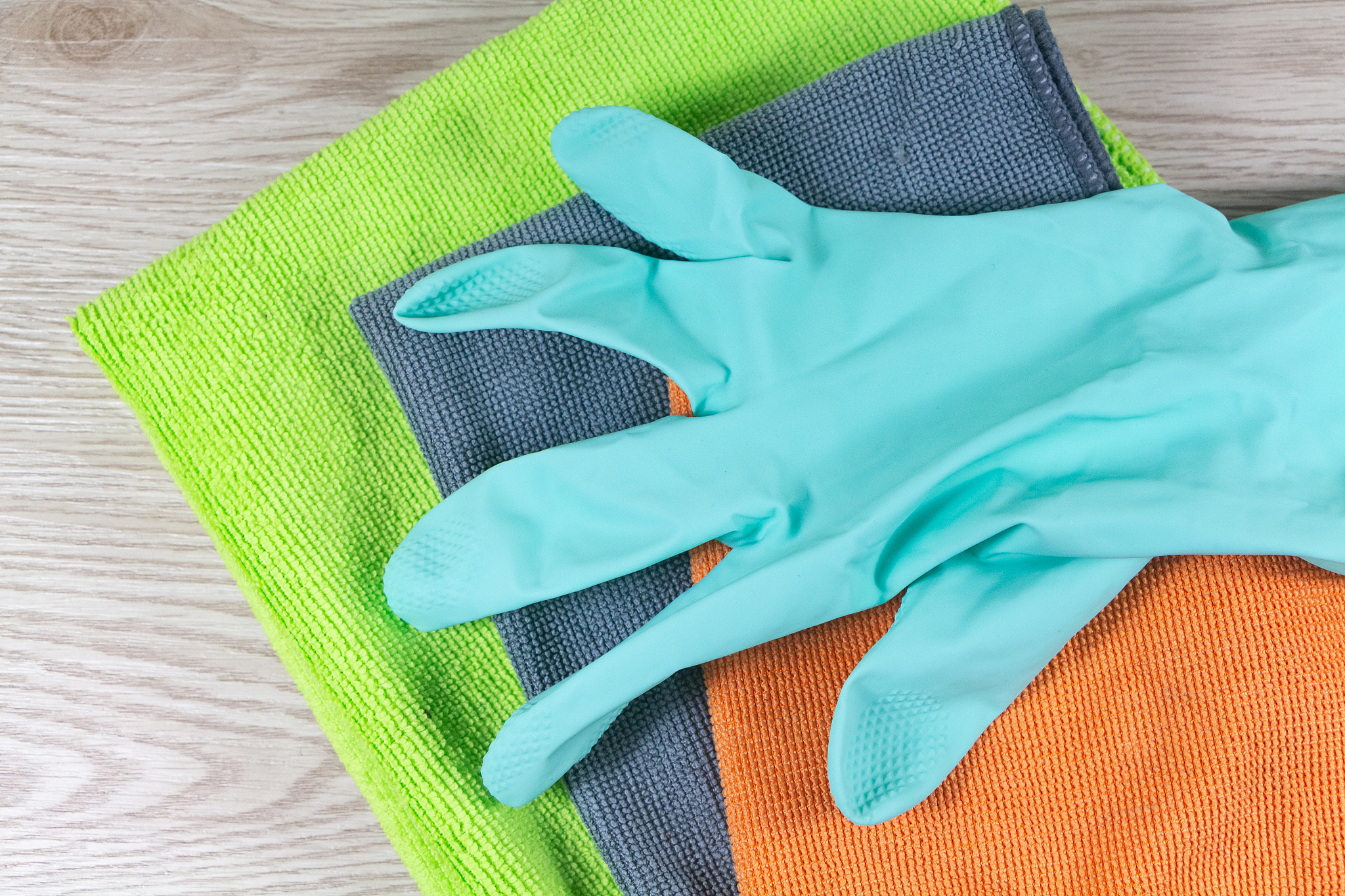 microfiber clothes and rubber glove