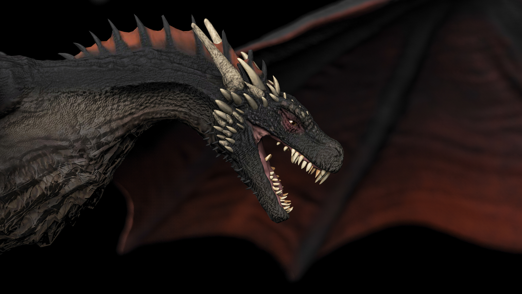 close up view of dragon  flying black background isolated 3d ill