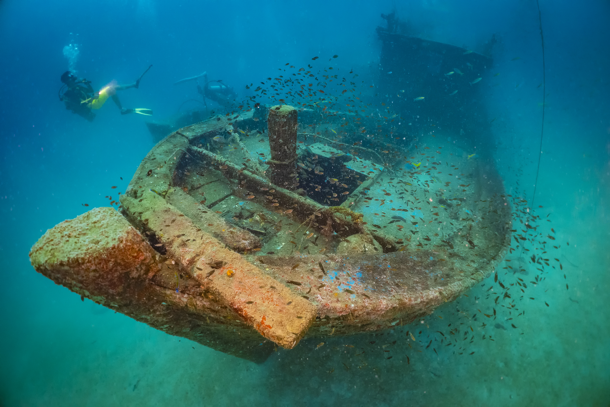 shipwreck and fish underwater