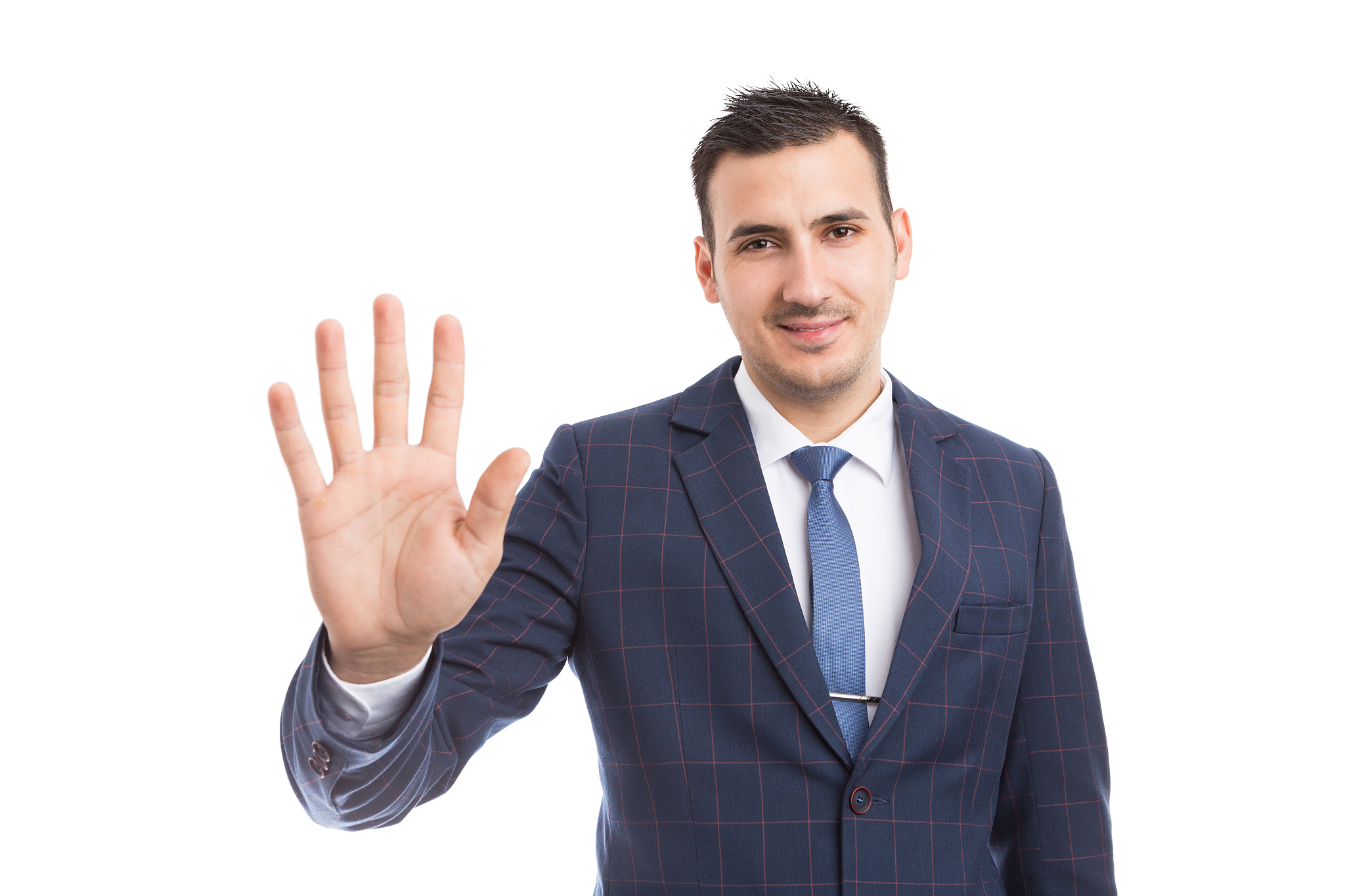 banker or broker showing number five or fifth with fingers