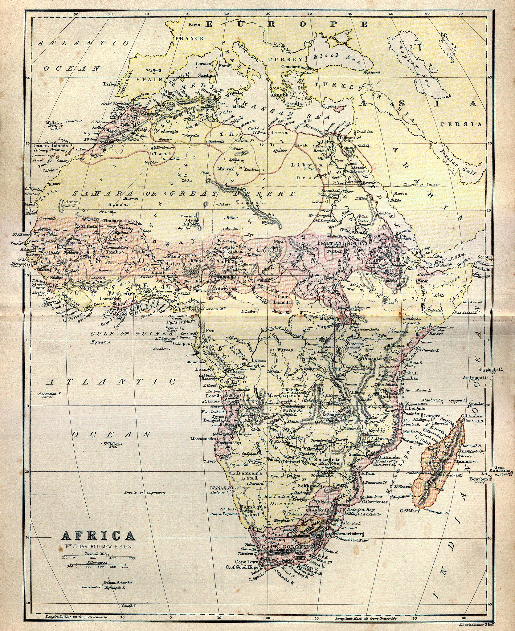 antique map of africa, 1884, 19th century