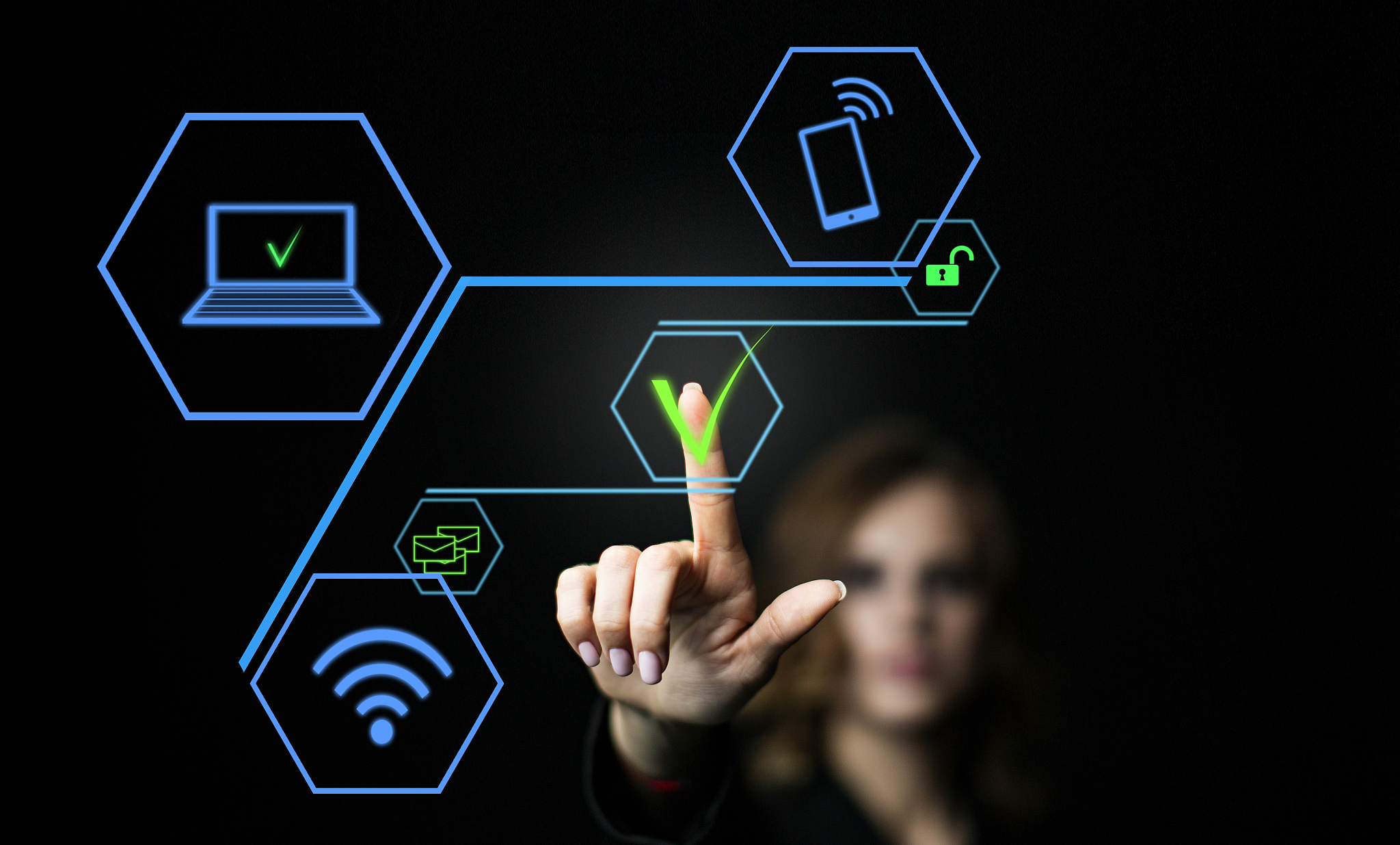 businesswoman pointing his finger touch virtual icon. modern dig