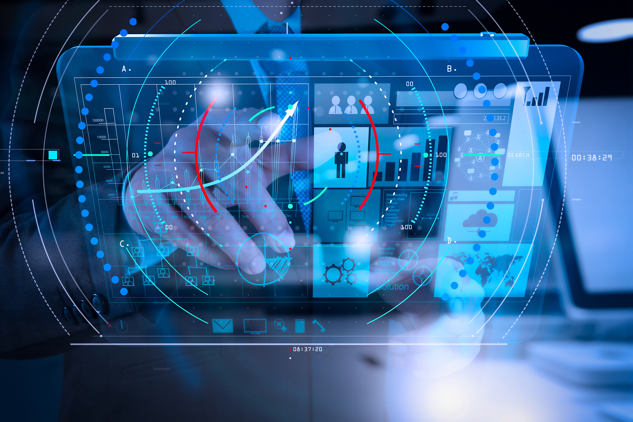 double exposure of businessman hand working with new modern comp