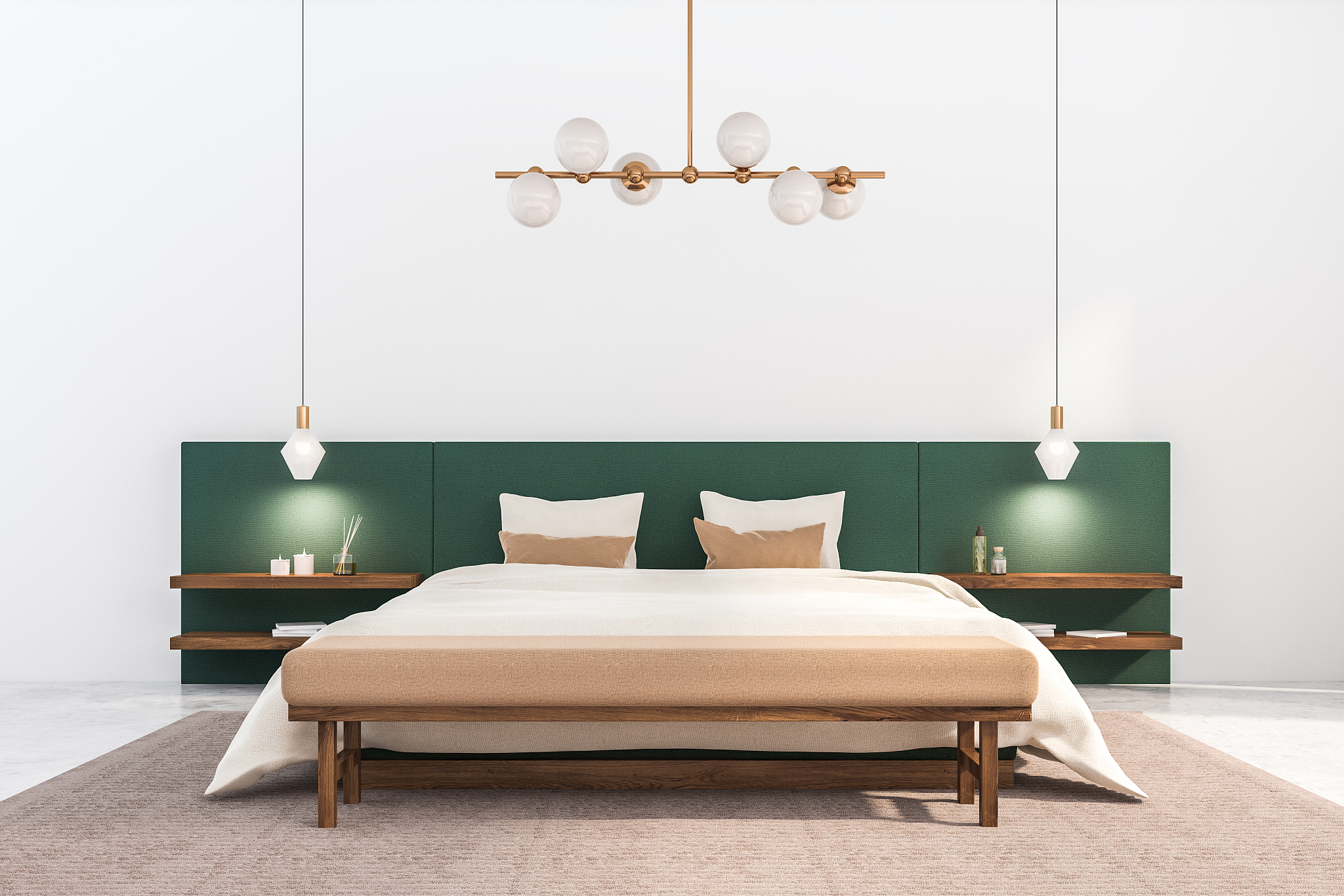 white and green bedroom interior